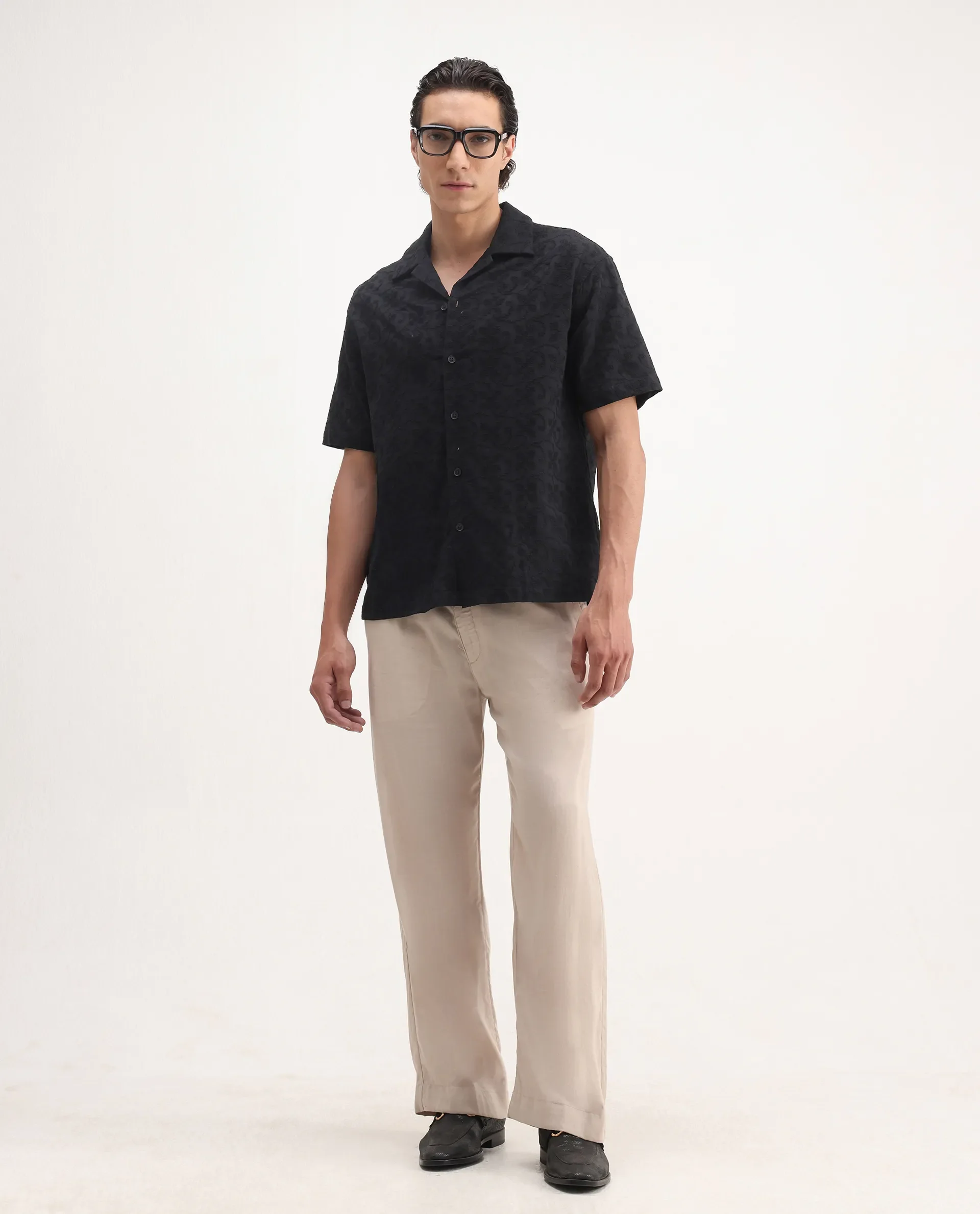 Rare Rabbit Men's Crof Black Cotton Embroidered Boxy Fit Half Sleeve Collared Shirt - Image 2