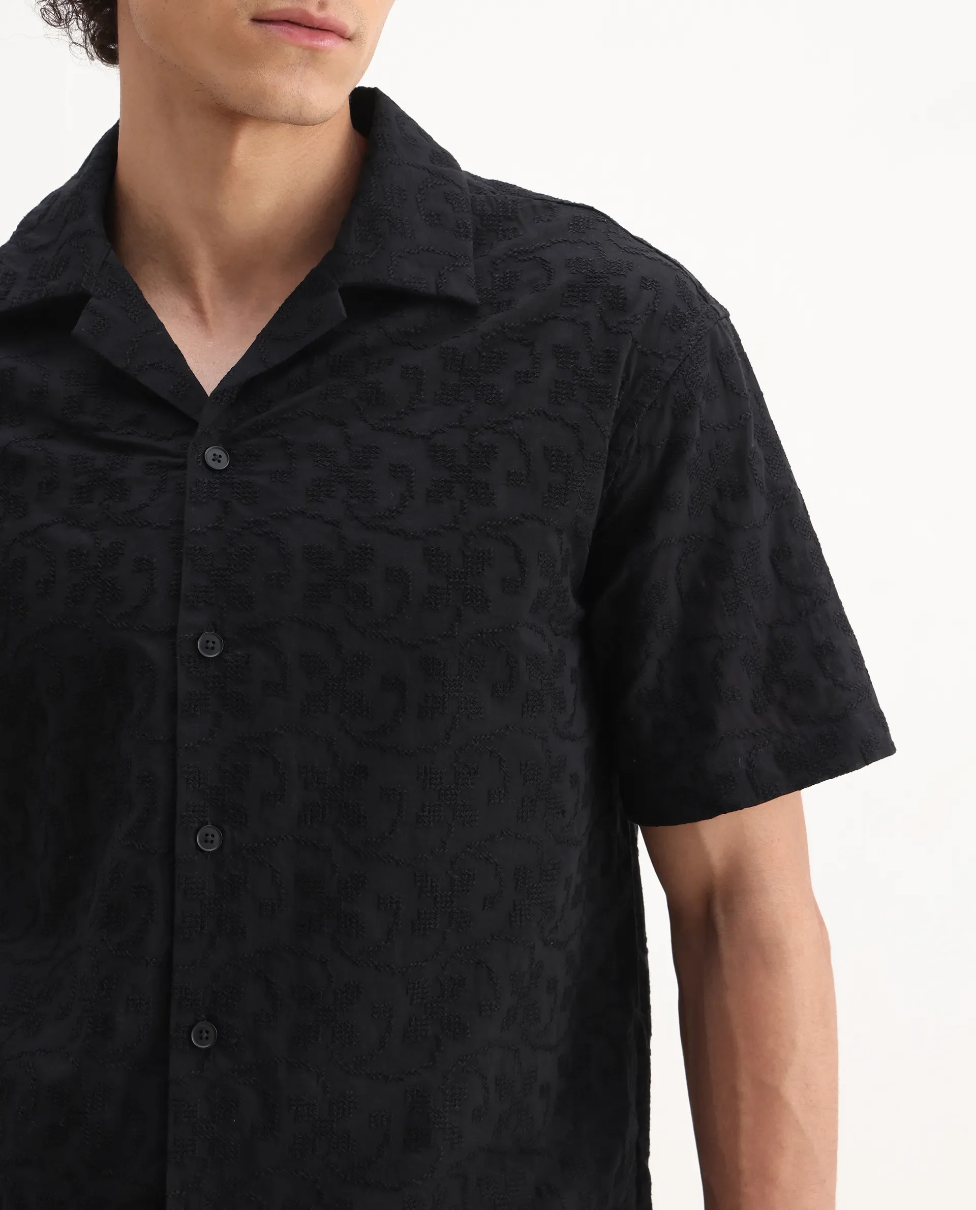Rare Rabbit Men's Crof Black Cotton Embroidered Boxy Fit Half Sleeve Collared Shirt - Image 3
