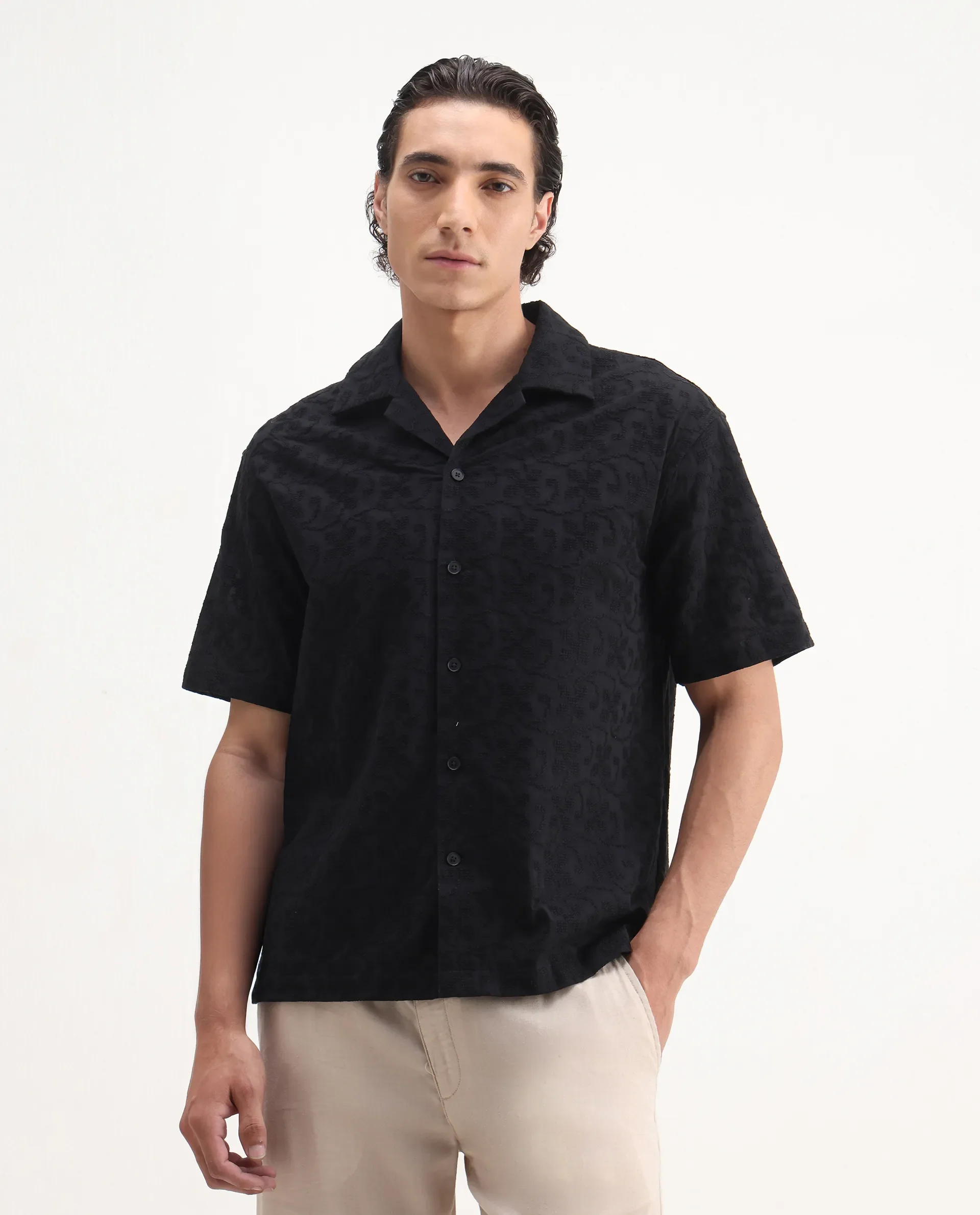 Rare Rabbit Men's Crof Black Cotton Embroidered Boxy Fit Half Sleeve Collared Shirt - Image 4