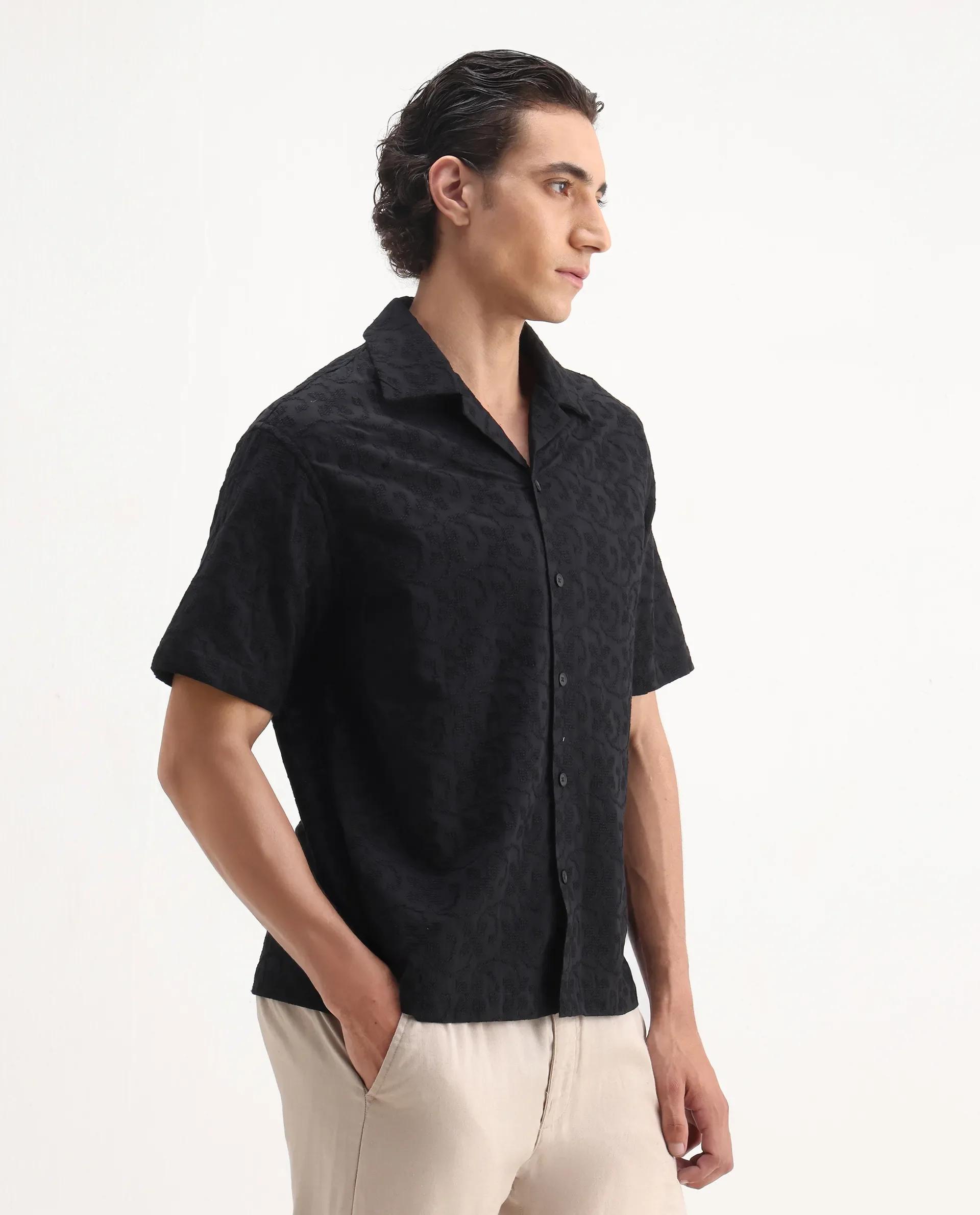 Rare Rabbit Men's Crof Black Cotton Embroidered Boxy Fit Half Sleeve Collared Shirt - Image 5