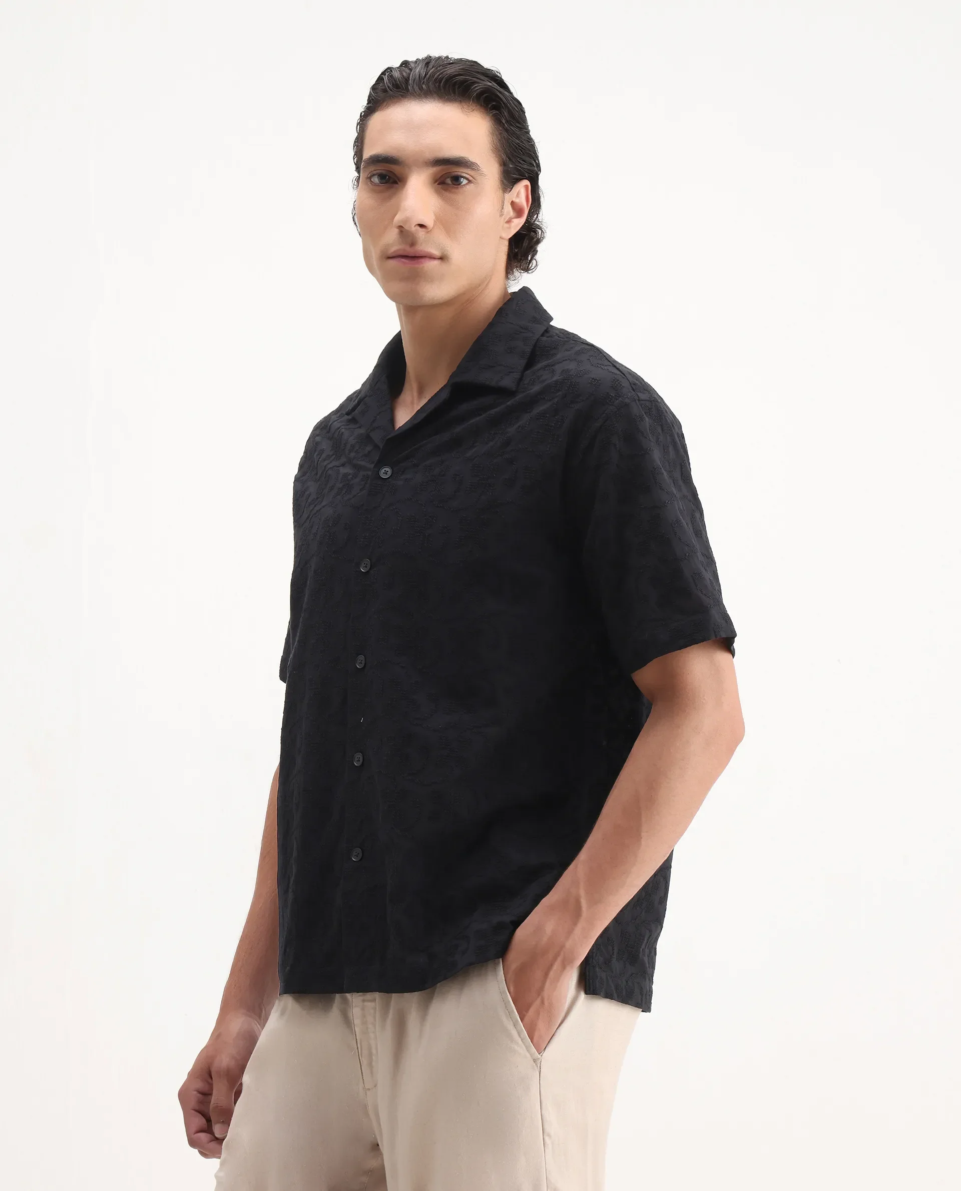 Rare Rabbit Men's Crof Black Cotton Embroidered Boxy Fit Half Sleeve Collared Shirt - Image 6