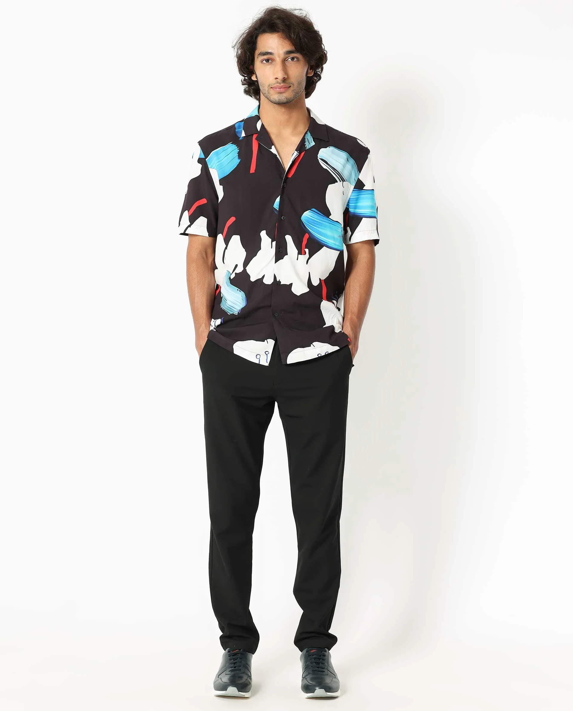 Rare Rabbit Men's Croft Black Viscose Abstract Print Regular Fit Half Sleeve Cuban Collar Shirt - Image 2