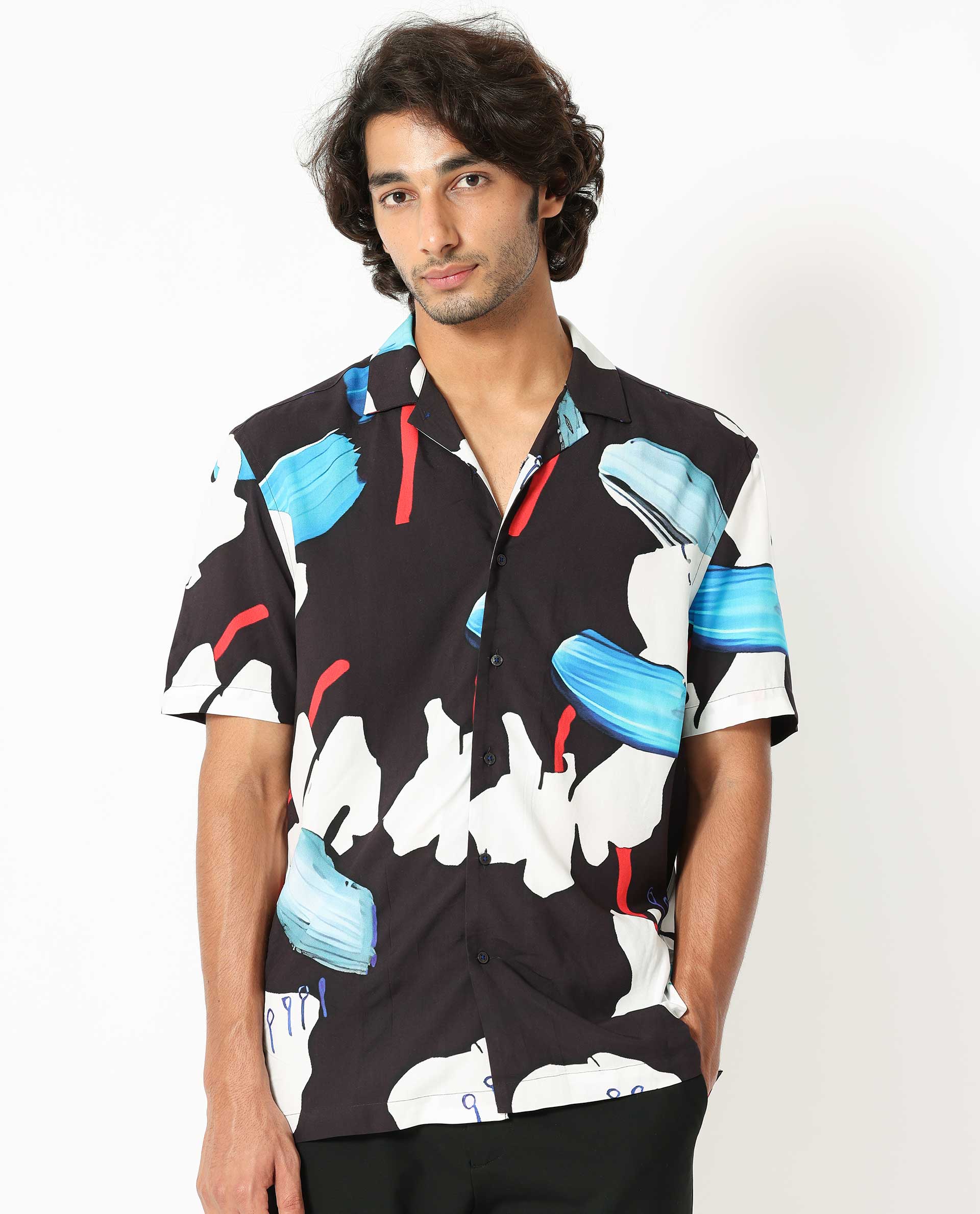 Rare Rabbit Men's Croft Black Viscose Abstract Print Regular Fit Half Sleeve Cuban Collar Shirt - Image 3