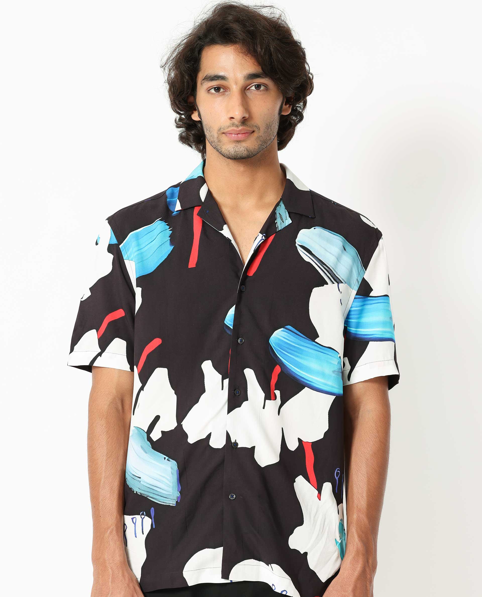 Rare Rabbit Men's Croft Black Viscose Abstract Print Regular Fit Half Sleeve Cuban Collar Shirt - Image 4