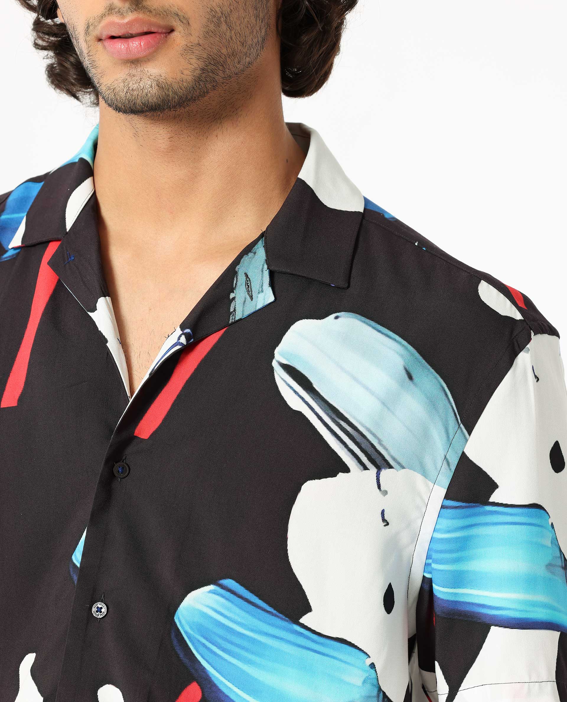 Rare Rabbit Men's Croft Black Viscose Abstract Print Regular Fit Half Sleeve Cuban Collar Shirt - Image 5