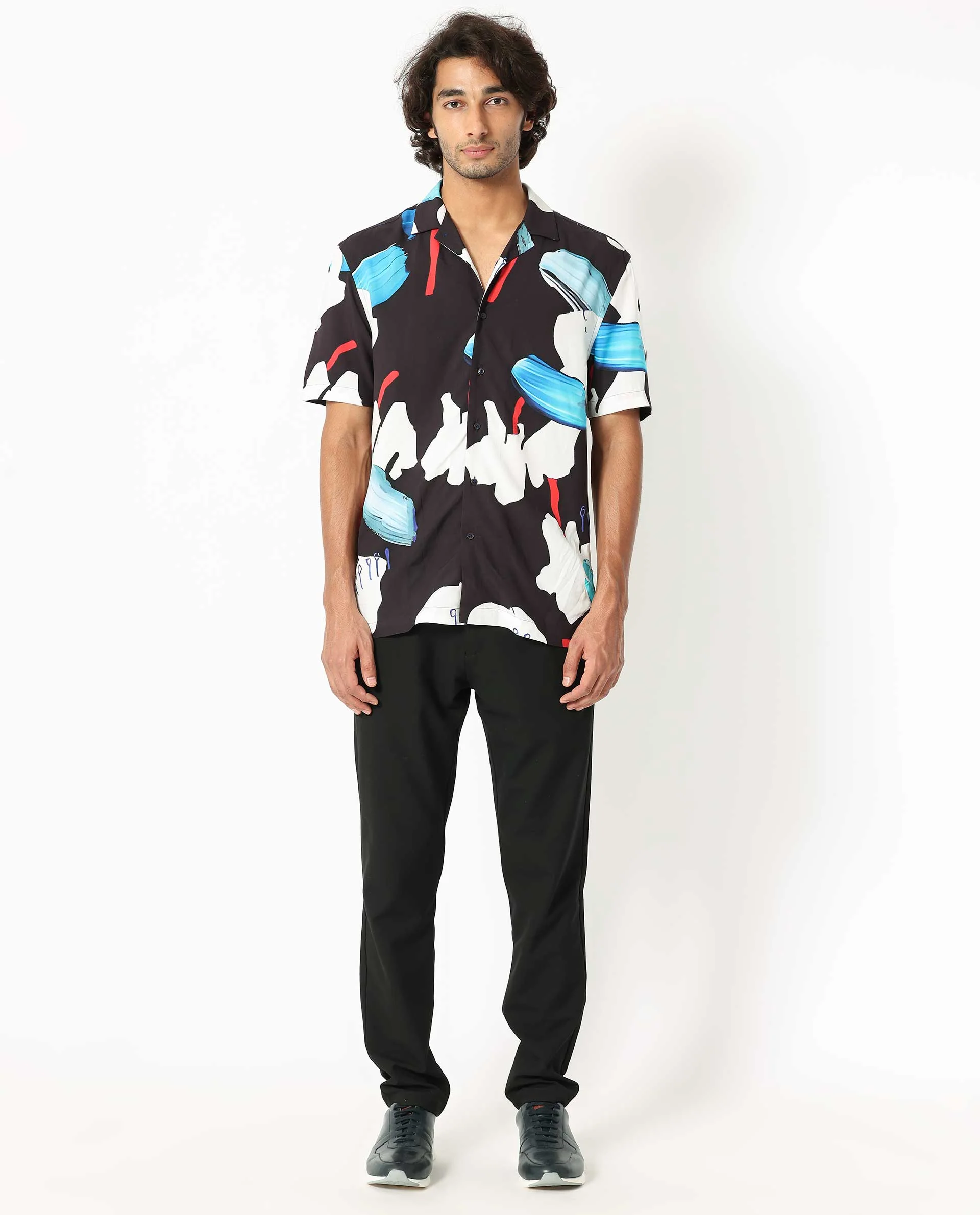 Rare Rabbit Men's Croft Black Viscose Abstract Print Regular Fit Half Sleeve Cuban Collar Shirt - Image 6