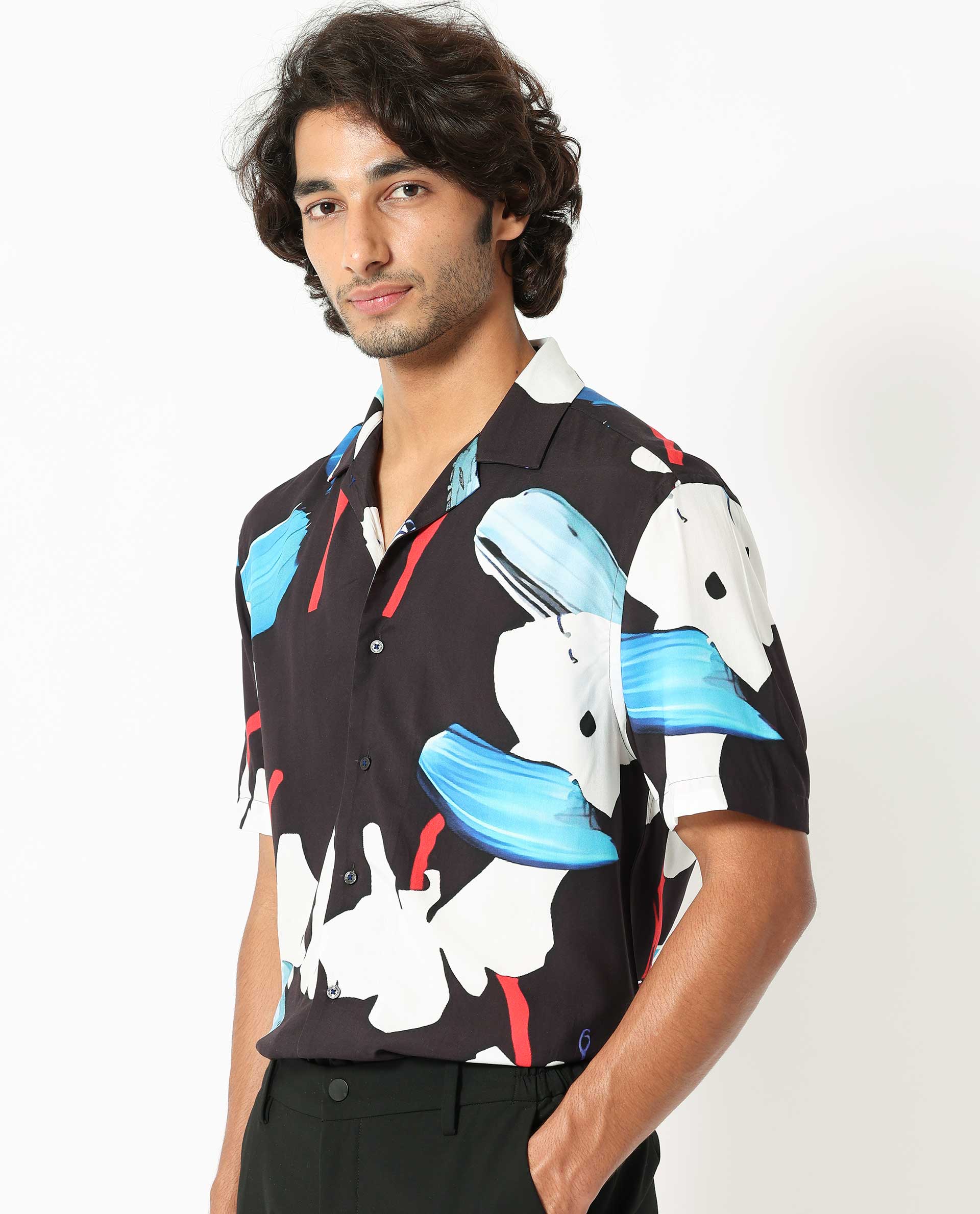 Rare Rabbit Men's Croft Black Viscose Abstract Print Regular Fit Half Sleeve Cuban Collar Shirt - Image 7