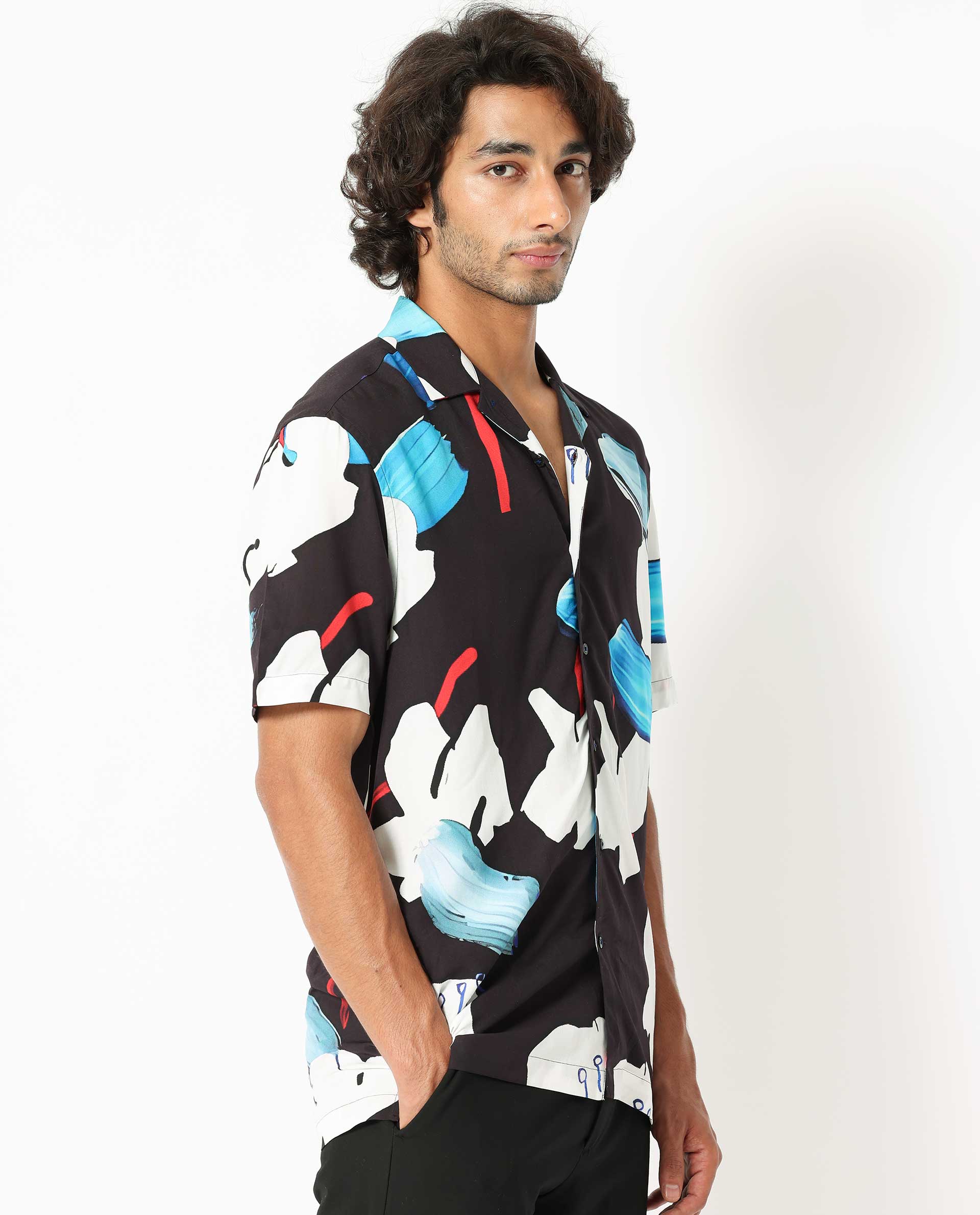 Rare Rabbit Men's Croft Black Viscose Abstract Print Regular Fit Half Sleeve Cuban Collar Shirt - Image 8