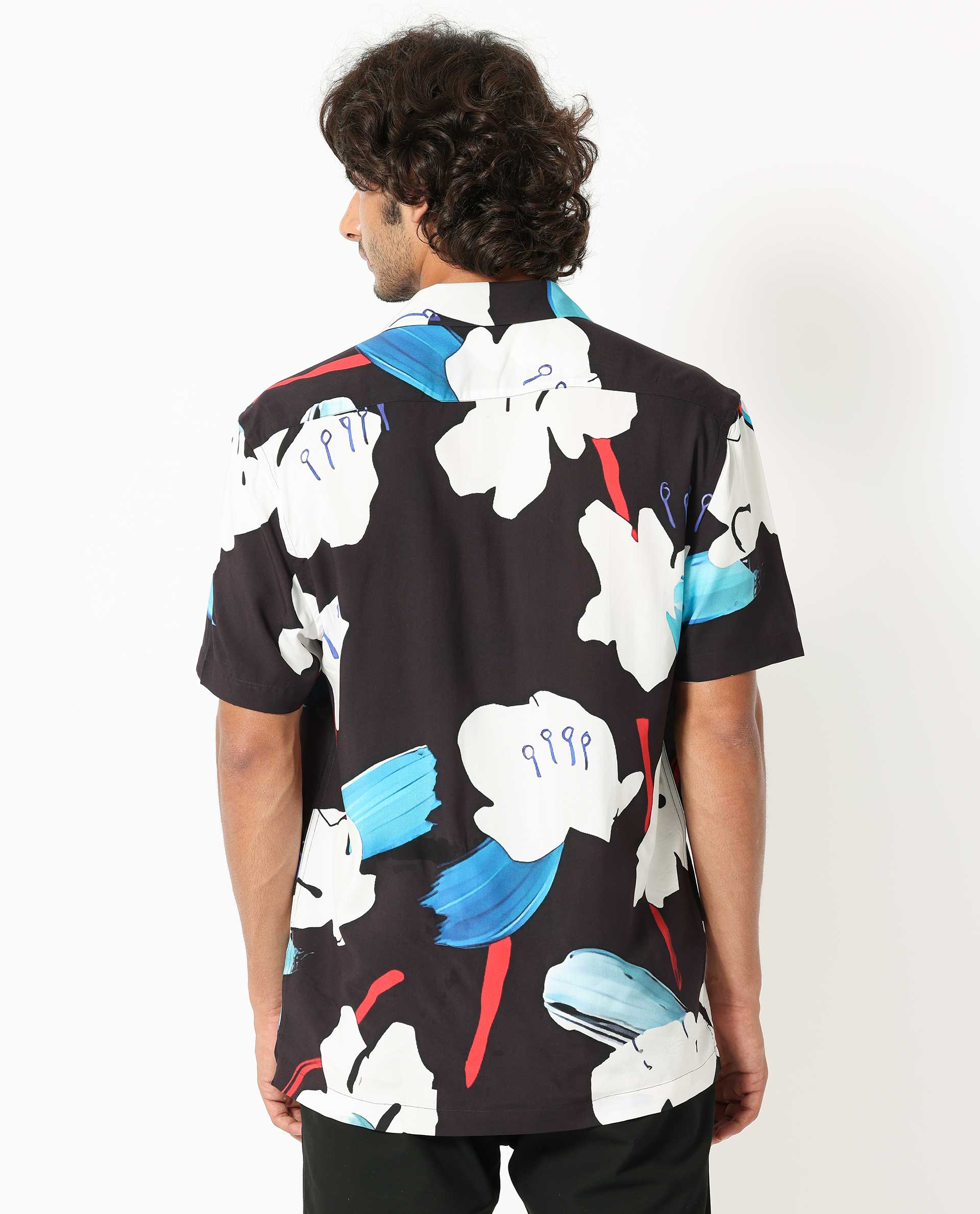 Rare Rabbit Men's Croft Black Viscose Abstract Print Regular Fit Half Sleeve Cuban Collar Shirt - Image 9