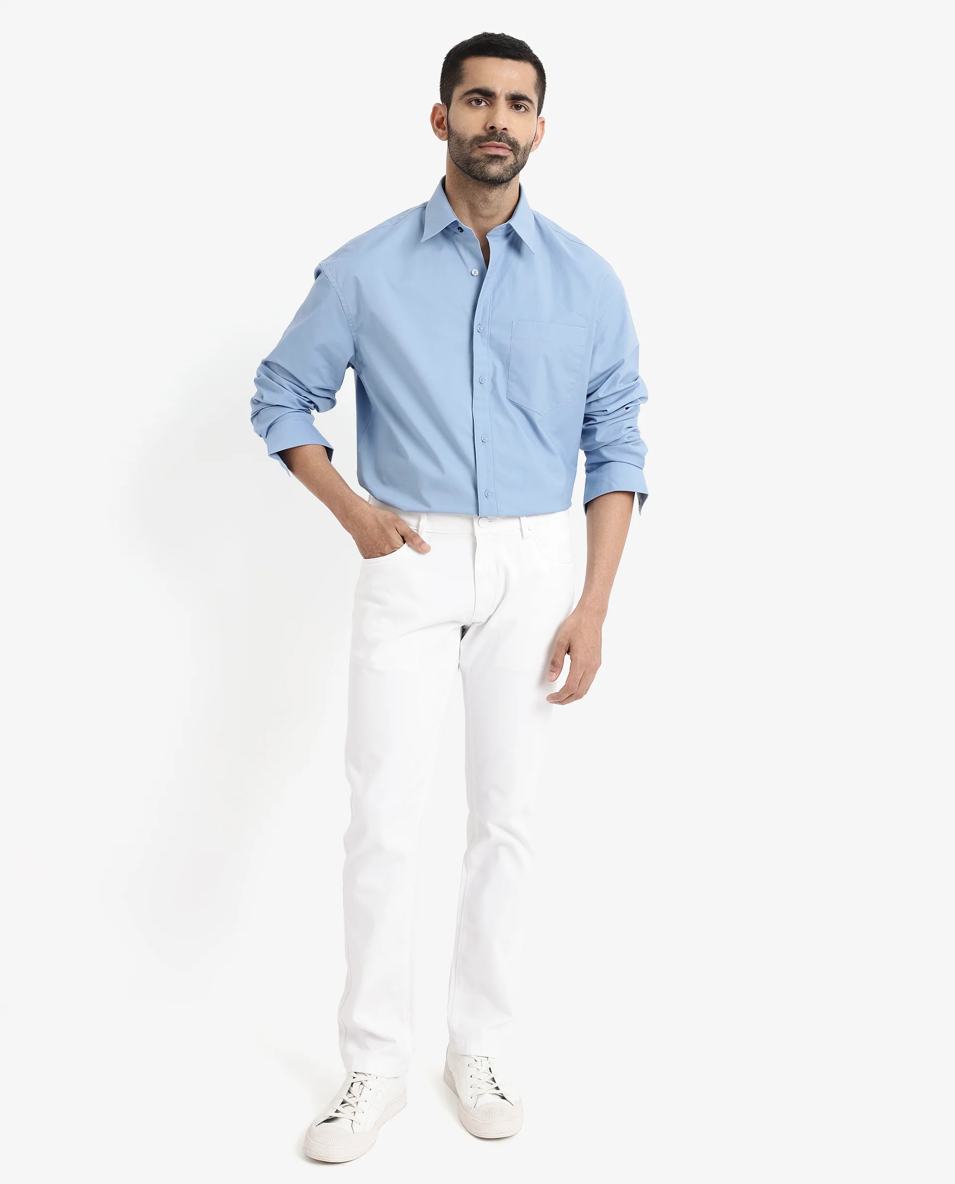 Rare Rabbit Men's Crofty Blue Cotton Plain Boxy Fit Full Sleeve Collared Shirt - Image 2
