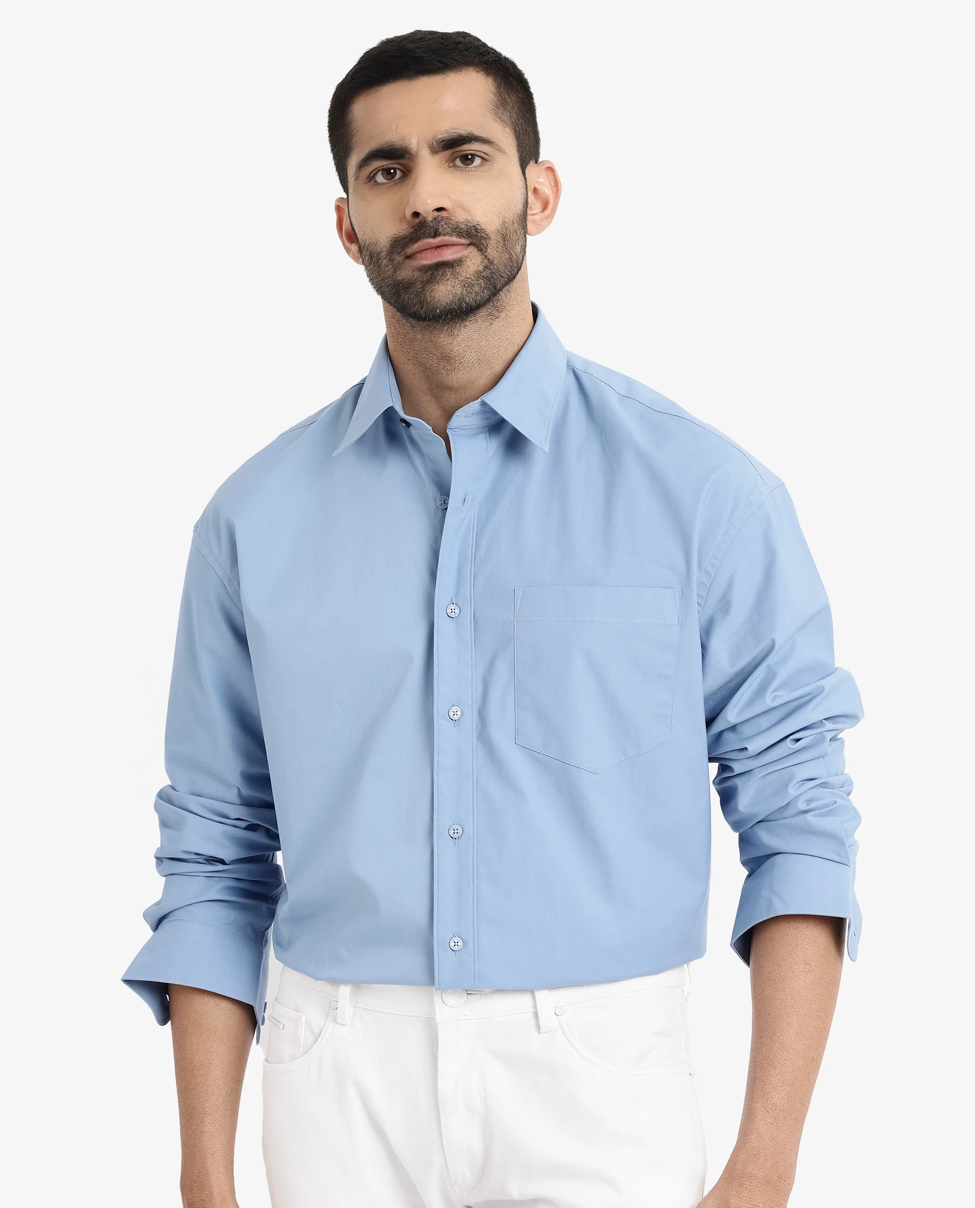 Rare Rabbit Men's Crofty Blue Cotton Plain Boxy Fit Full Sleeve Collared Shirt - Image 3