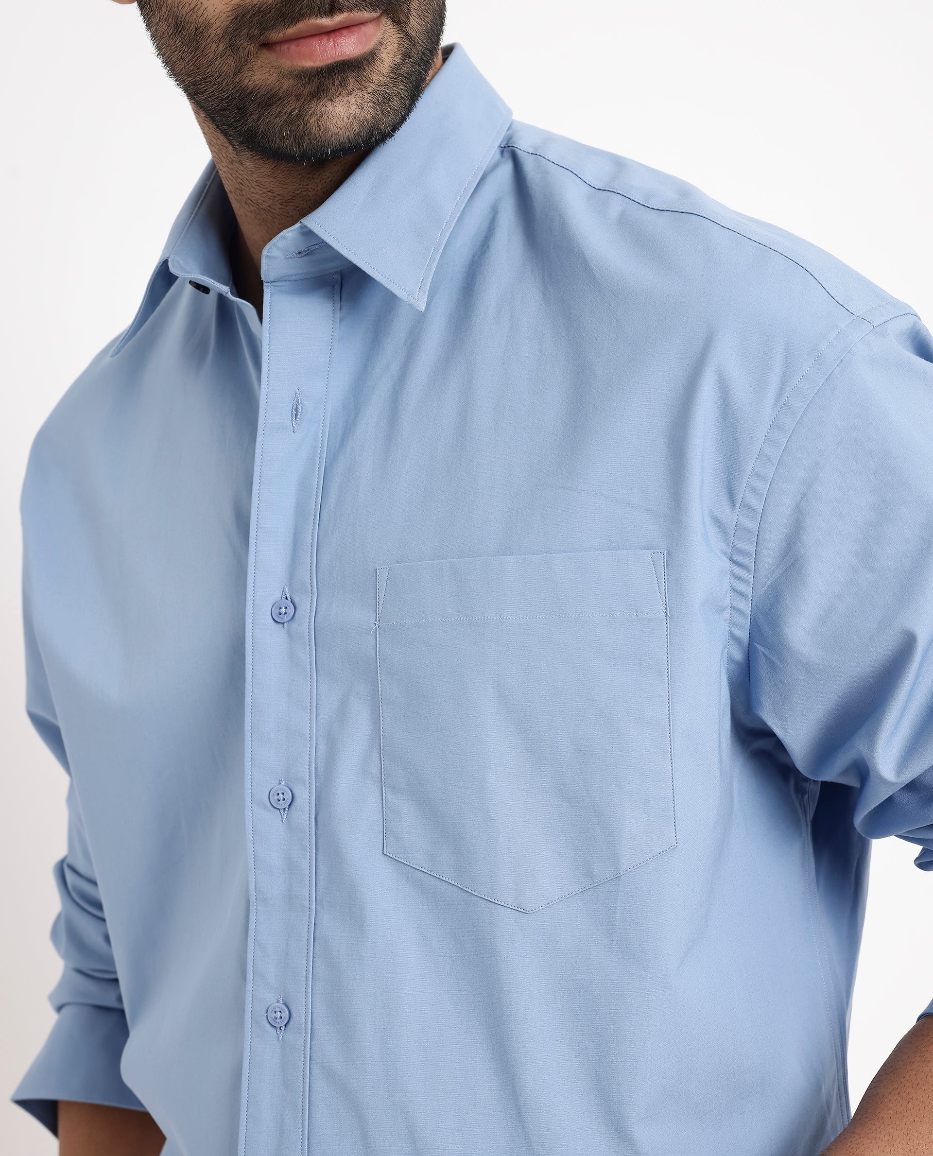 Rare Rabbit Men's Crofty Blue Cotton Plain Boxy Fit Full Sleeve Collared Shirt - Image 5