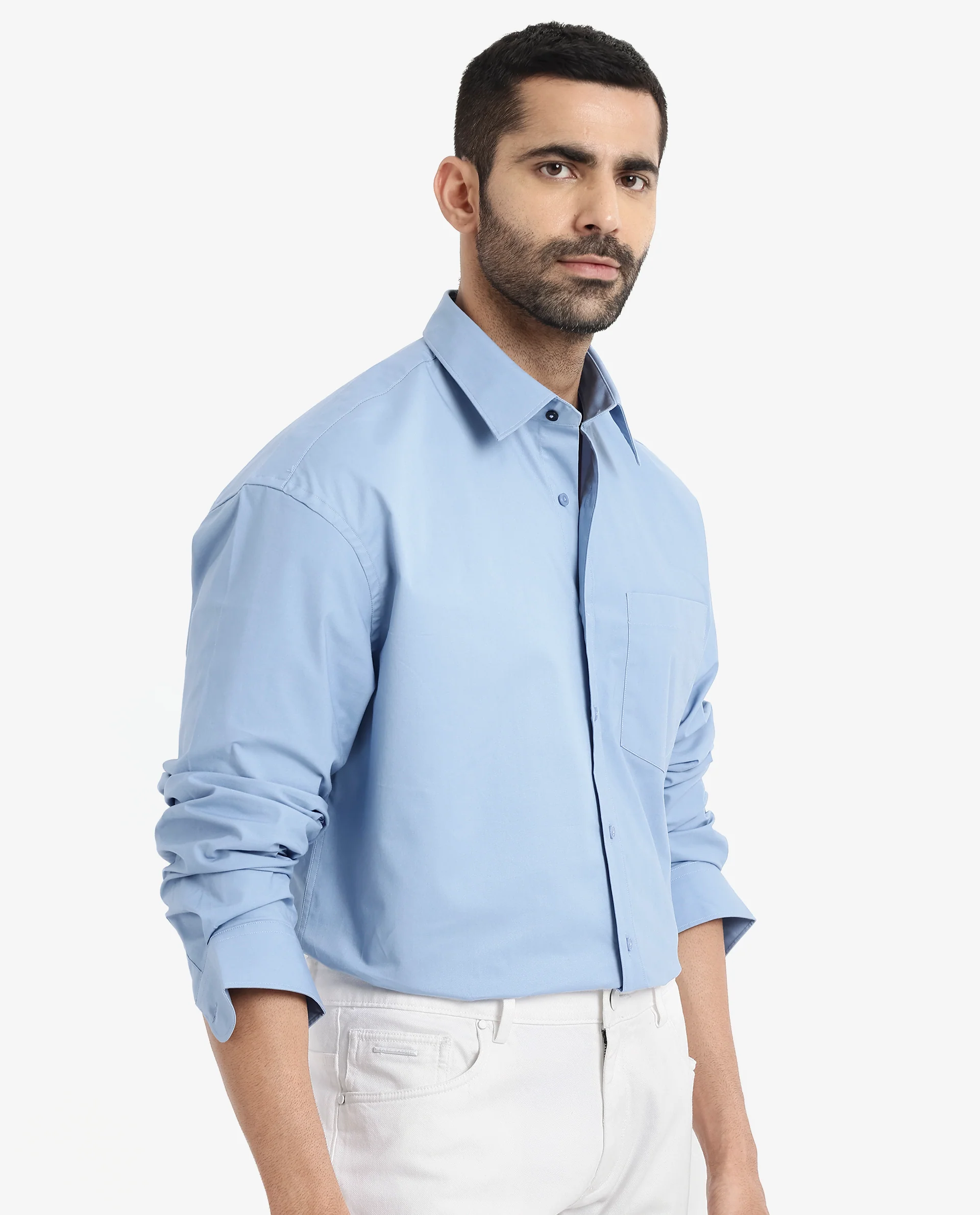 Rare Rabbit Men's Crofty Blue Cotton Plain Boxy Fit Full Sleeve Collared Shirt - Image 6
