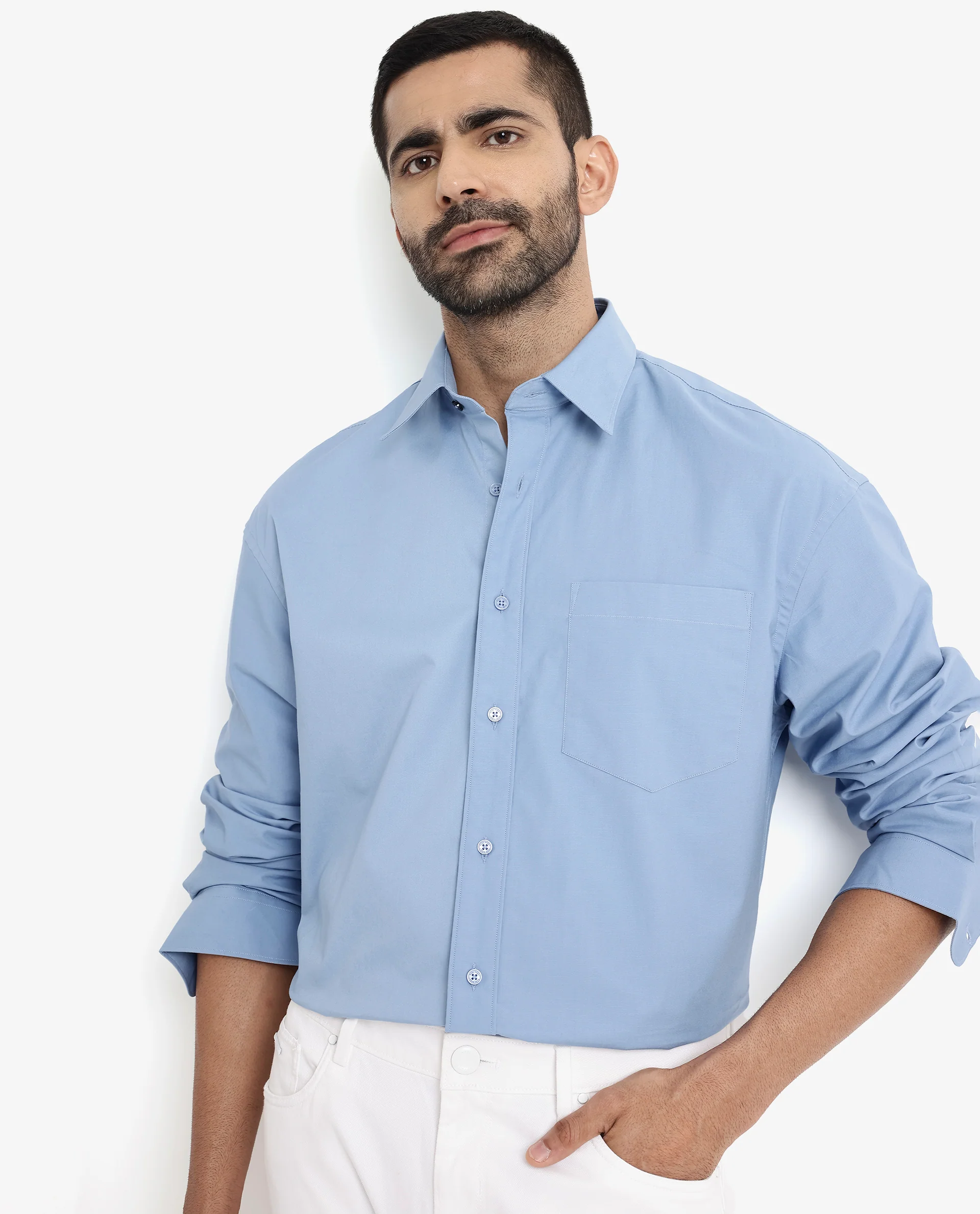 Rare Rabbit Men's Crofty Blue Cotton Plain Boxy Fit Full Sleeve Collared Shirt - Image 7
