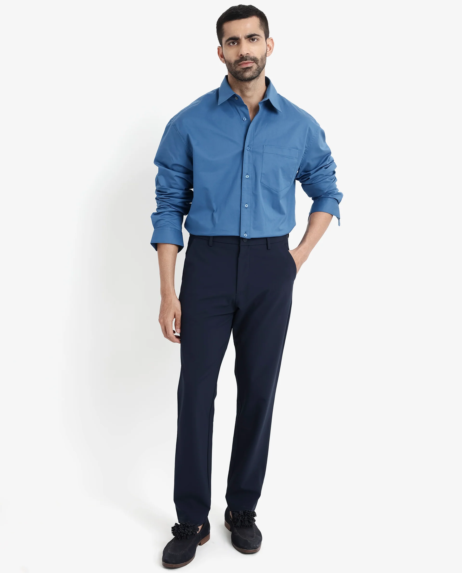 Rare Rabbit Men's Crofty Dark Blue Cotton Plain Boxy Fit Full Sleeve Collared Shirt - Image 2