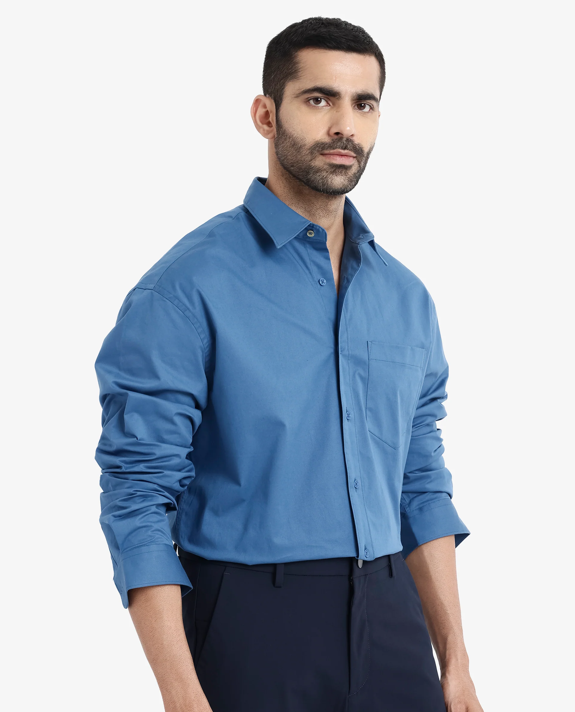 Rare Rabbit Men's Crofty Dark Blue Cotton Plain Boxy Fit Full Sleeve Collared Shirt - Image 3