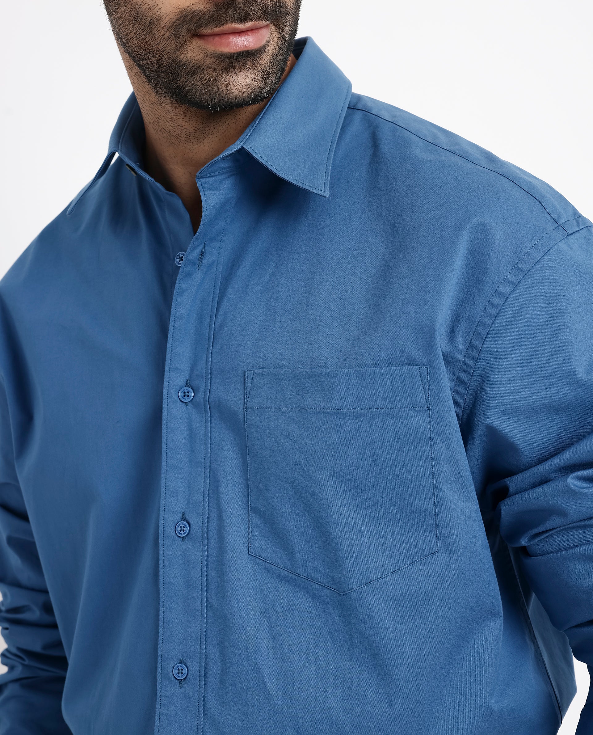 Rare Rabbit Men's Crofty Dark Blue Cotton Plain Boxy Fit Full Sleeve Collared Shirt - Image 4