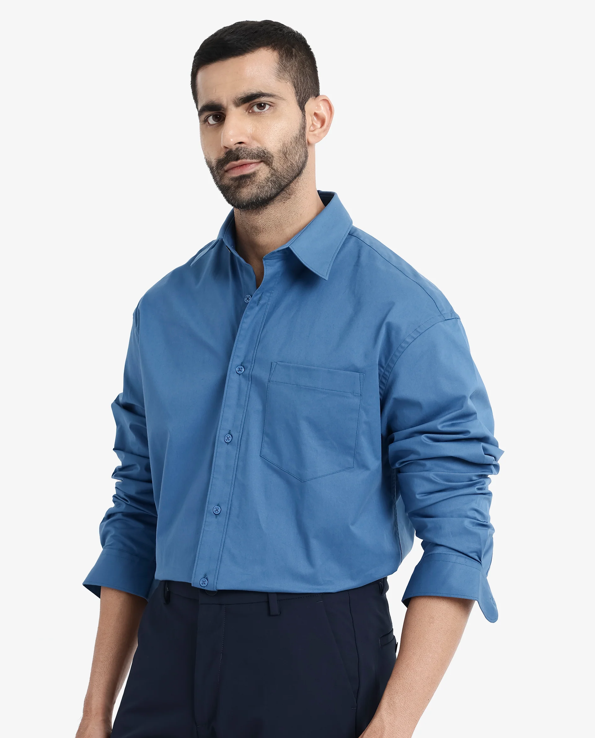 Rare Rabbit Men's Crofty Dark Blue Cotton Plain Boxy Fit Full Sleeve Collared Shirt - Image 6