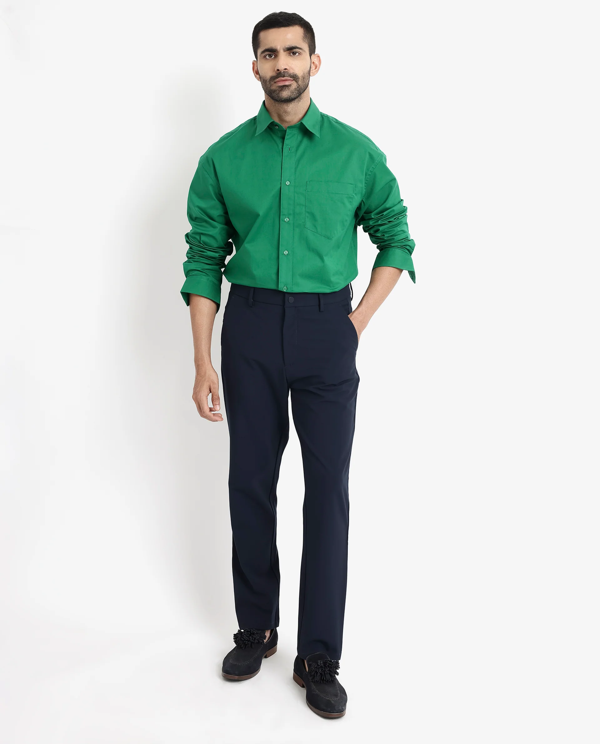 Rare Rabbit Men's Crofty Green Cotton Plain Boxy Fit Full Sleeve Collared Shirt - Image 2