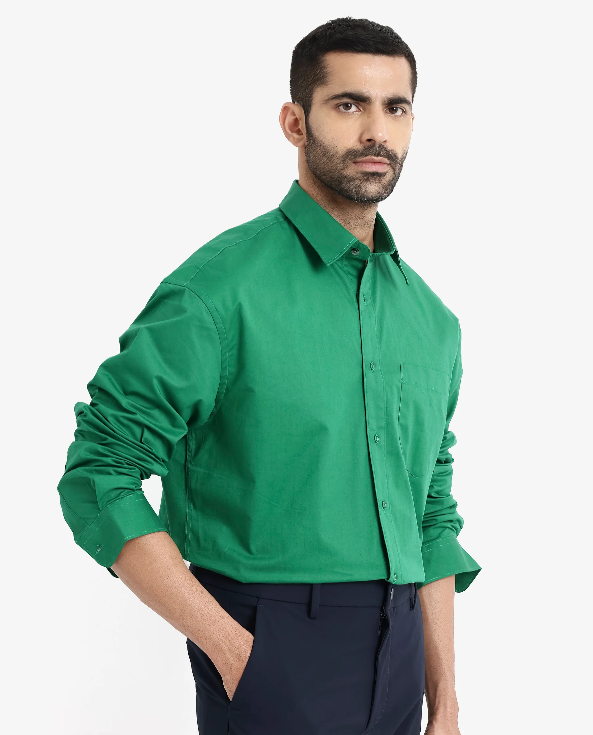 Rare Rabbit Men's Crofty Green Cotton Plain Boxy Fit Full Sleeve Collared Shirt - Image 3