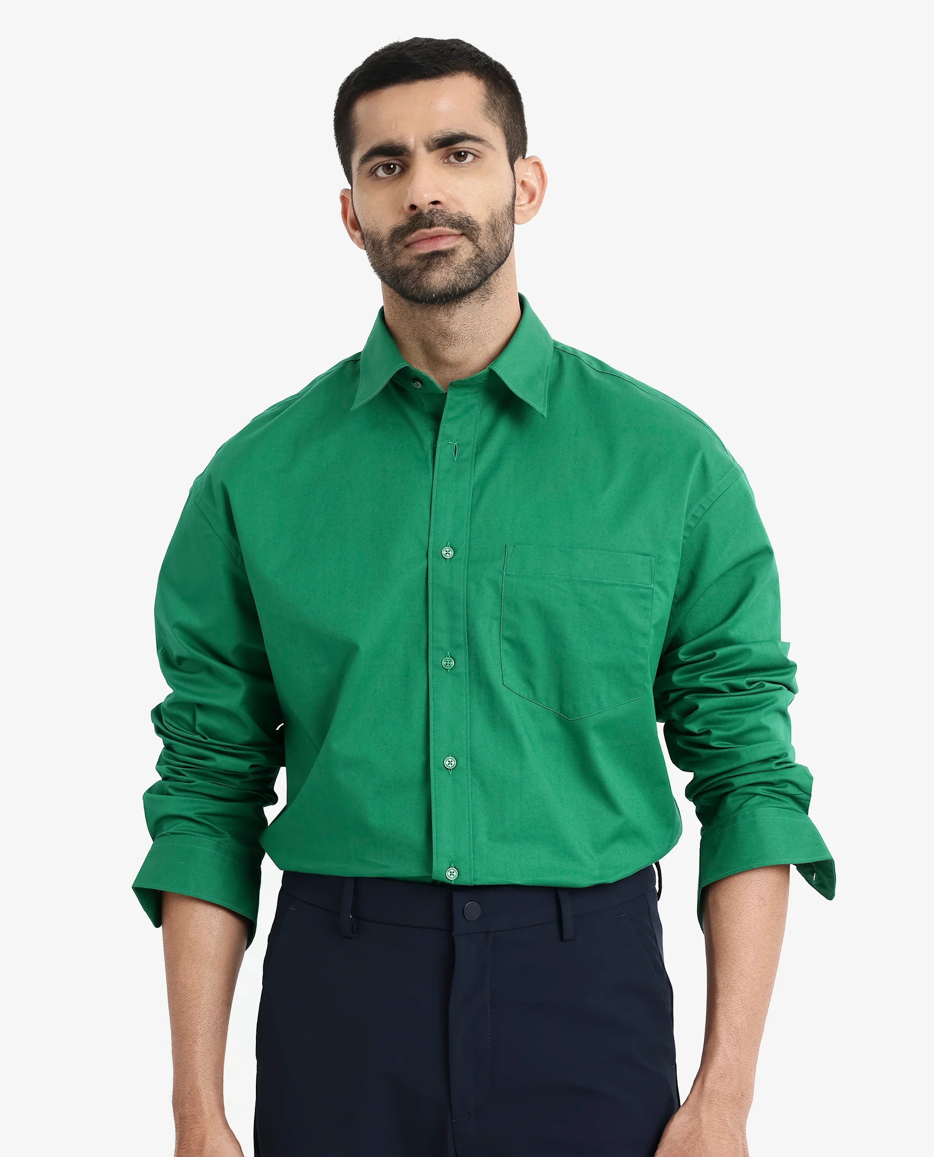 Rare Rabbit Men's Crofty Green Cotton Plain Boxy Fit Full Sleeve Collared Shirt - Image 5