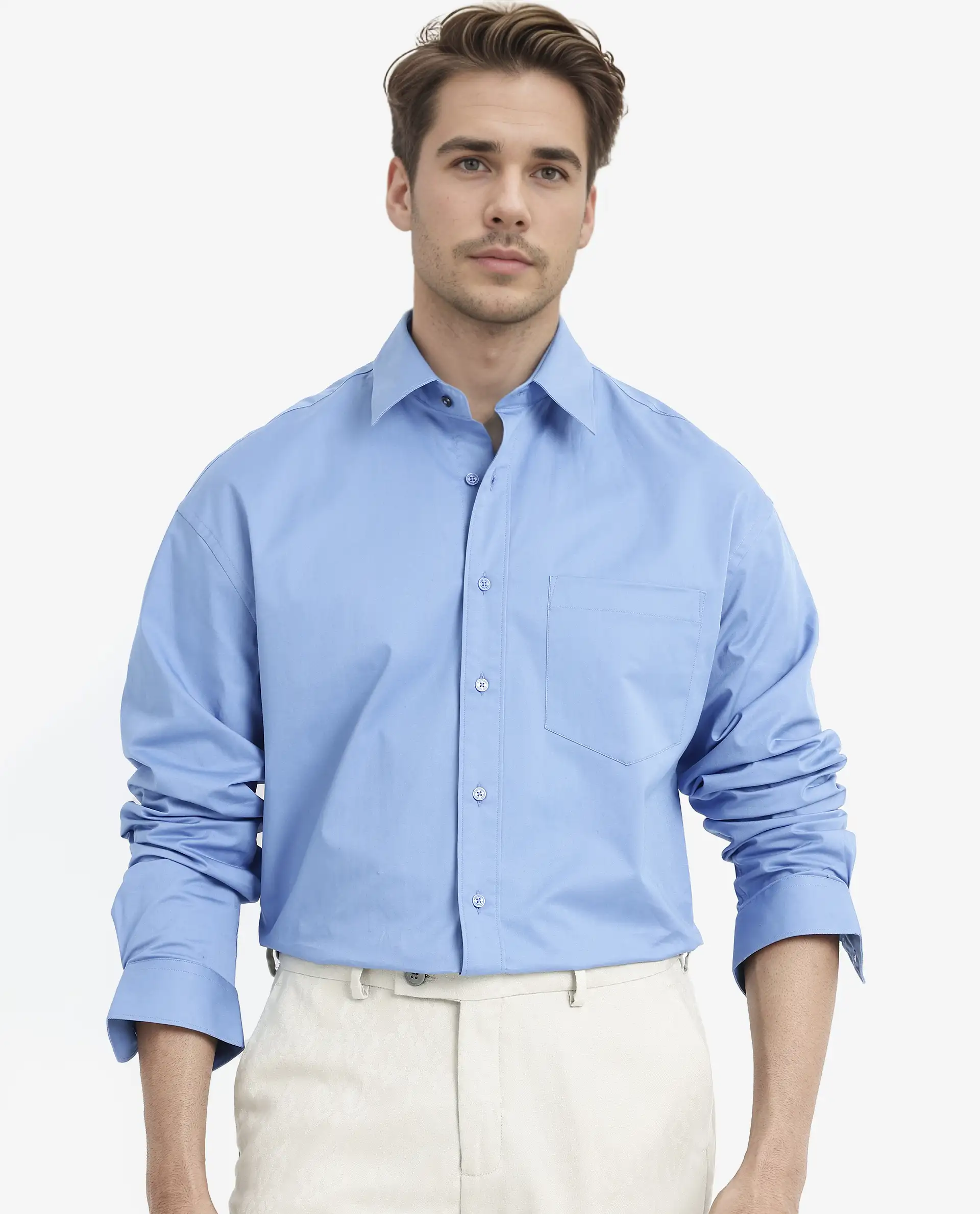 Rare Rabbit Men's Crofty Light Blue Cotton Plain Boxy Fit Full Sleeve Collared Shirt