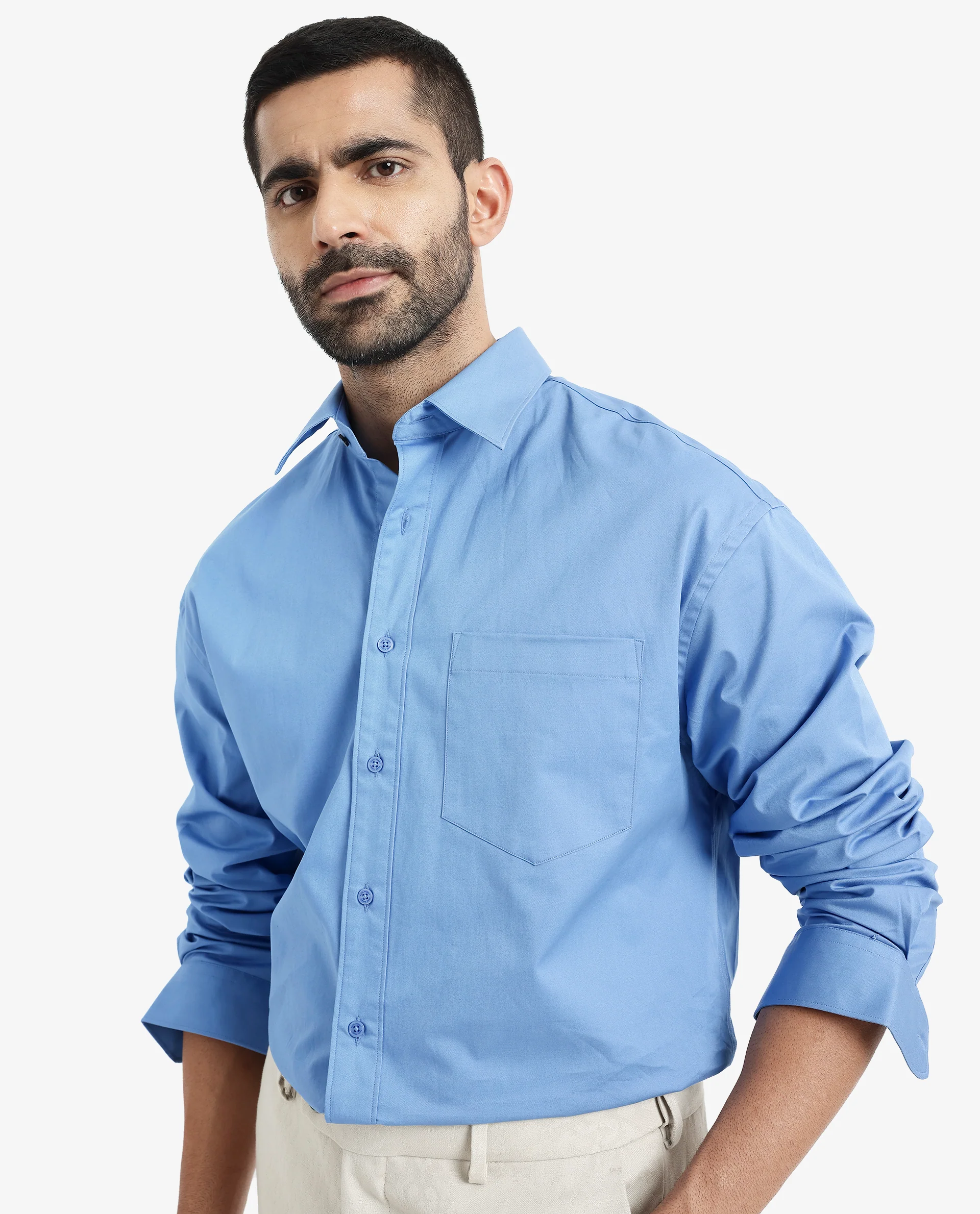 Rare Rabbit Men's Crofty Light Blue Cotton Plain Boxy Fit Full Sleeve Collared Shirt - Image 3