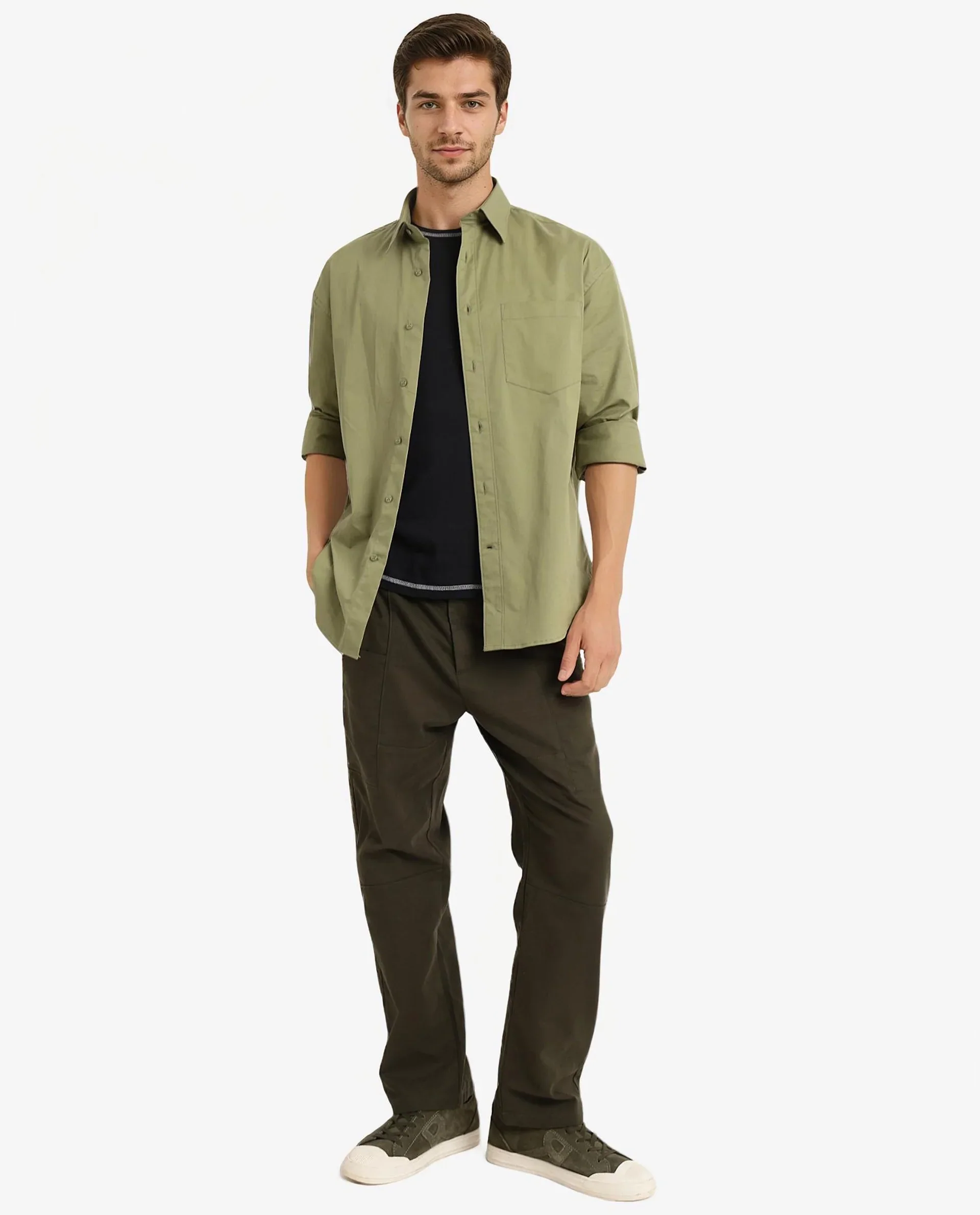 Rare Rabbit Men's Crofty Olive Cotton Plain Boxy Fit Full Sleeve Collared Shirt - Image 2