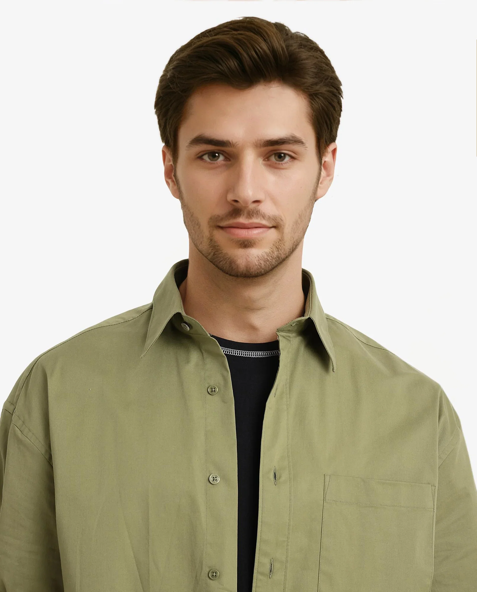 Rare Rabbit Men's Crofty Olive Cotton Plain Boxy Fit Full Sleeve Collared Shirt - Image 3