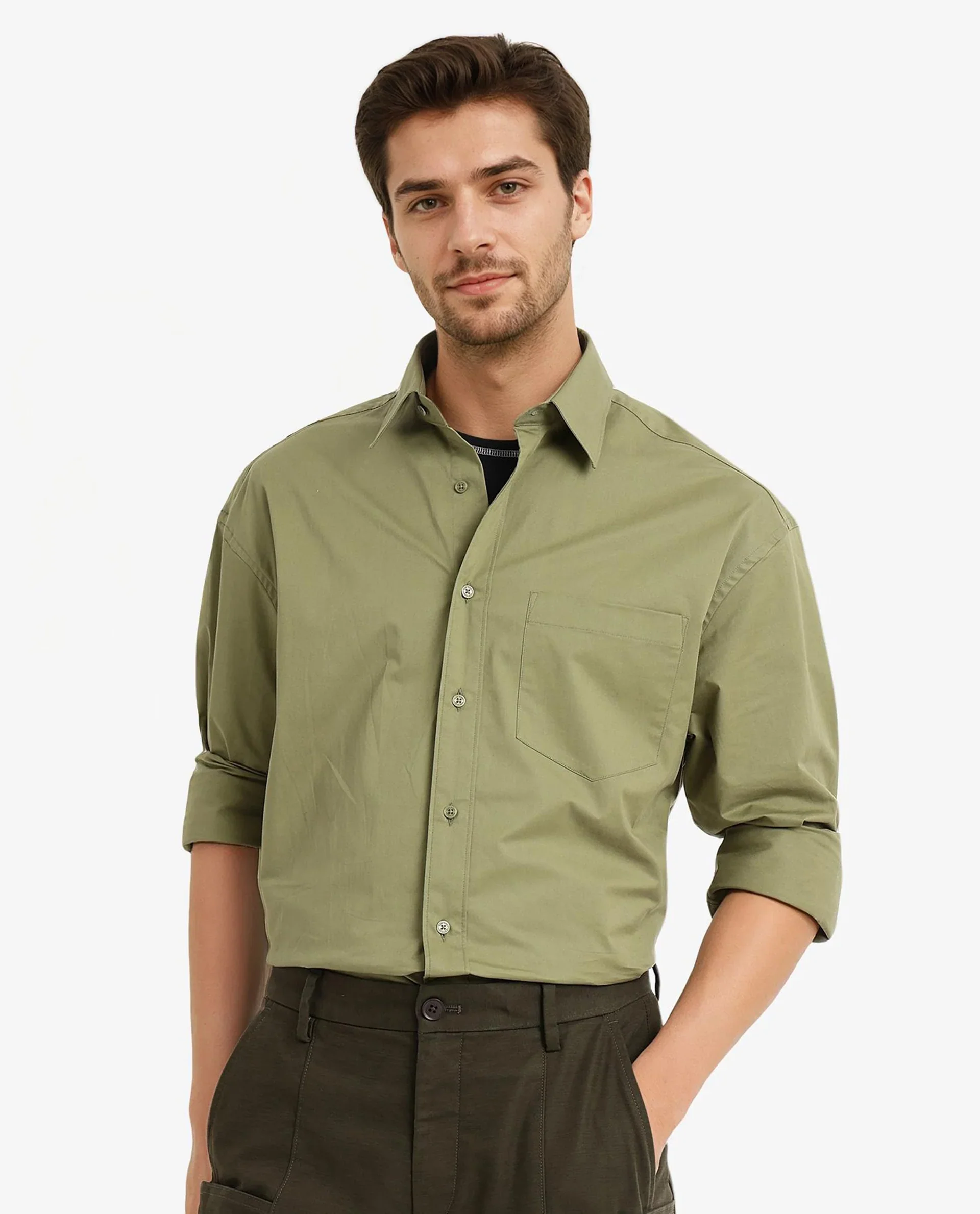Rare Rabbit Men's Crofty Olive Cotton Plain Boxy Fit Full Sleeve Collared Shirt - Image 5