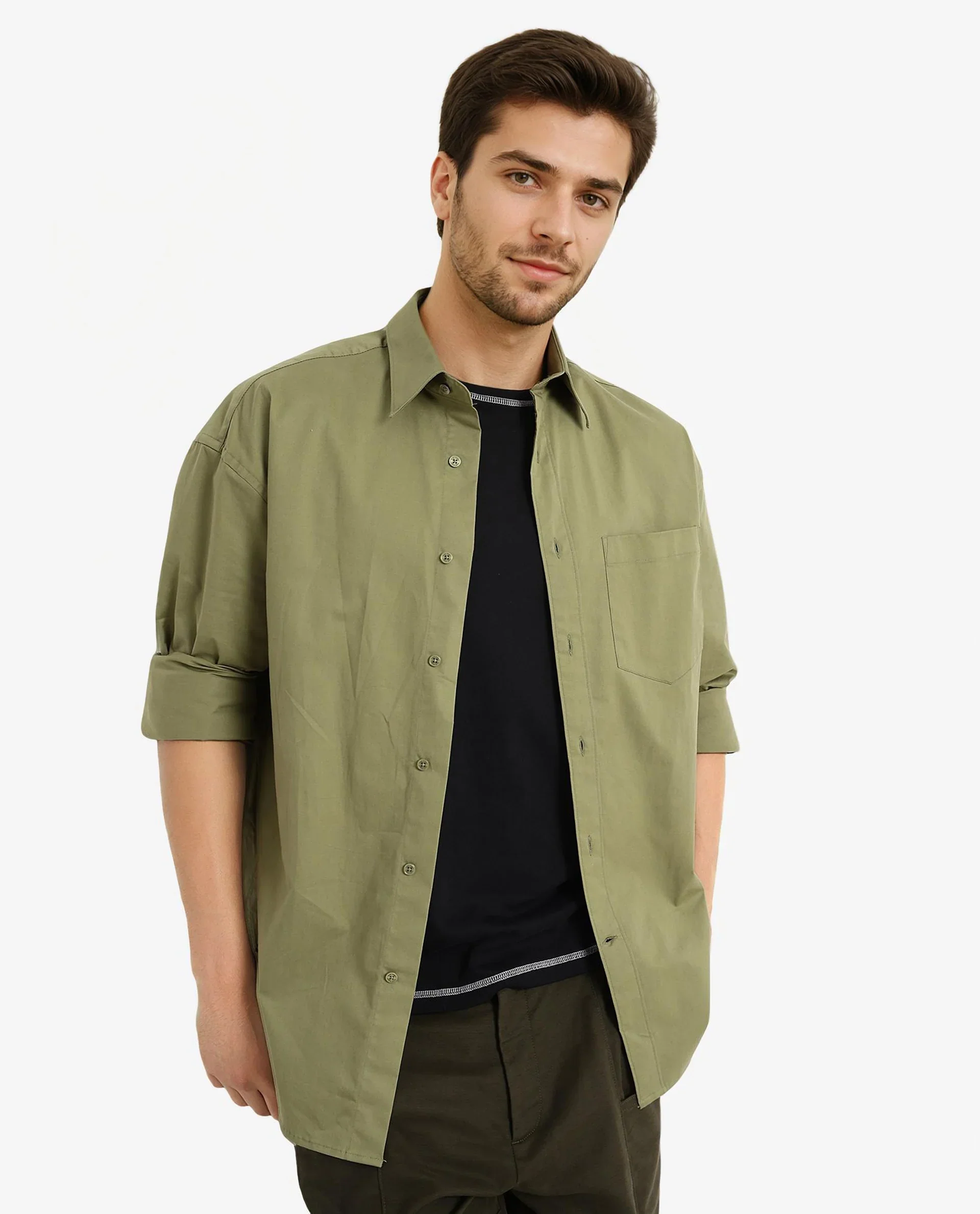 Rare Rabbit Men's Crofty Olive Cotton Plain Boxy Fit Full Sleeve Collared Shirt - Image 6