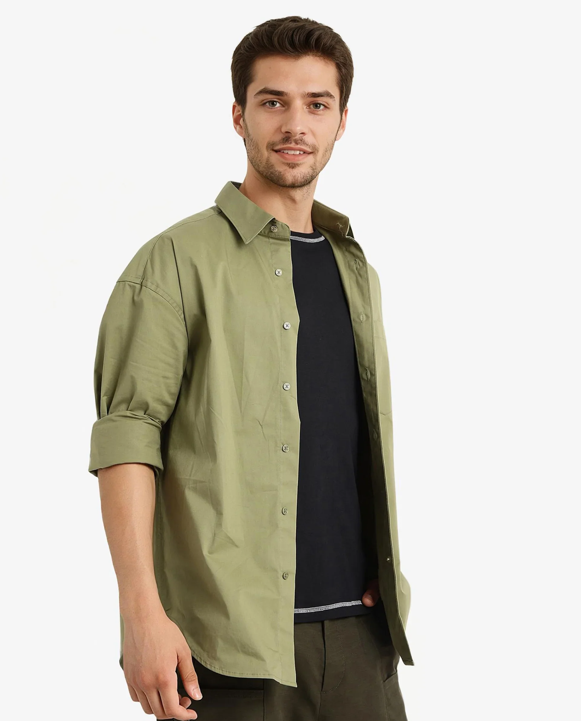 Rare Rabbit Men's Crofty Olive Cotton Plain Boxy Fit Full Sleeve Collared Shirt - Image 7