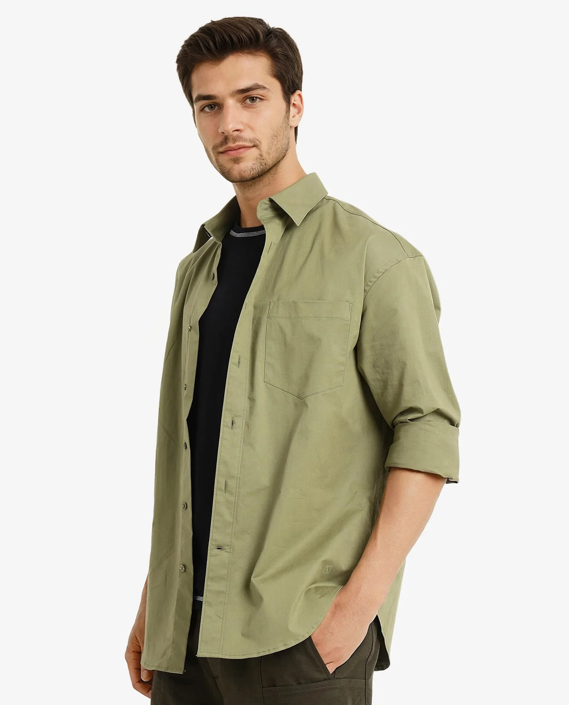 Rare Rabbit Men's Crofty Olive Cotton Plain Boxy Fit Full Sleeve Collared Shirt - Image 8