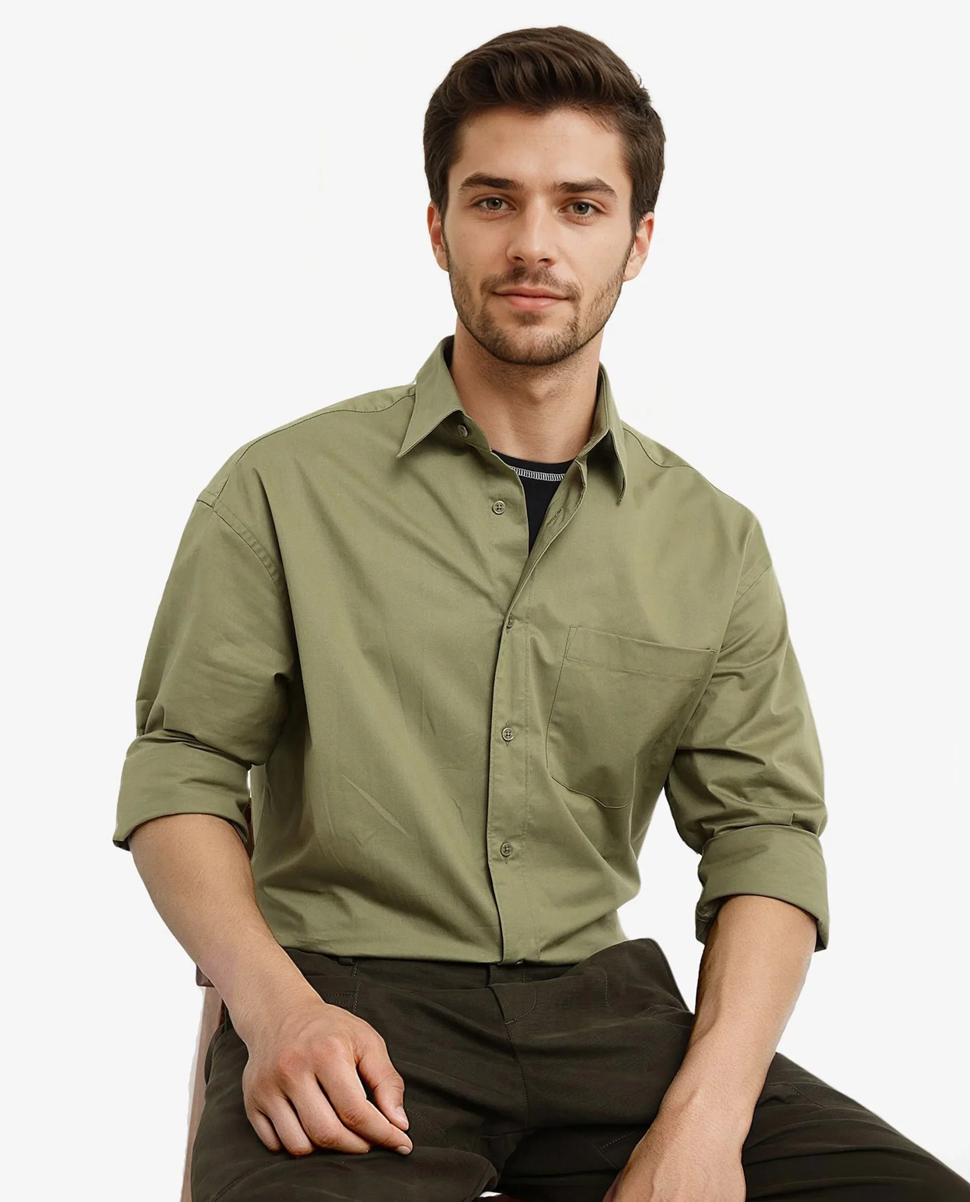 Rare Rabbit Men's Crofty Olive Cotton Plain Boxy Fit Full Sleeve Collared Shirt - Image 9