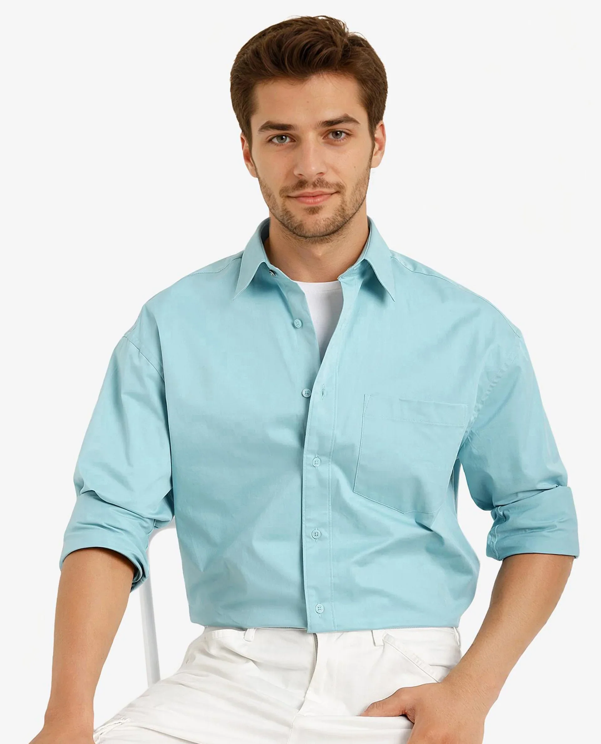 Rare Rabbit Men's Crofty Pastel Blue Cotton Plain Boxy Fit Full Sleeve Collared Shirt - Image 5