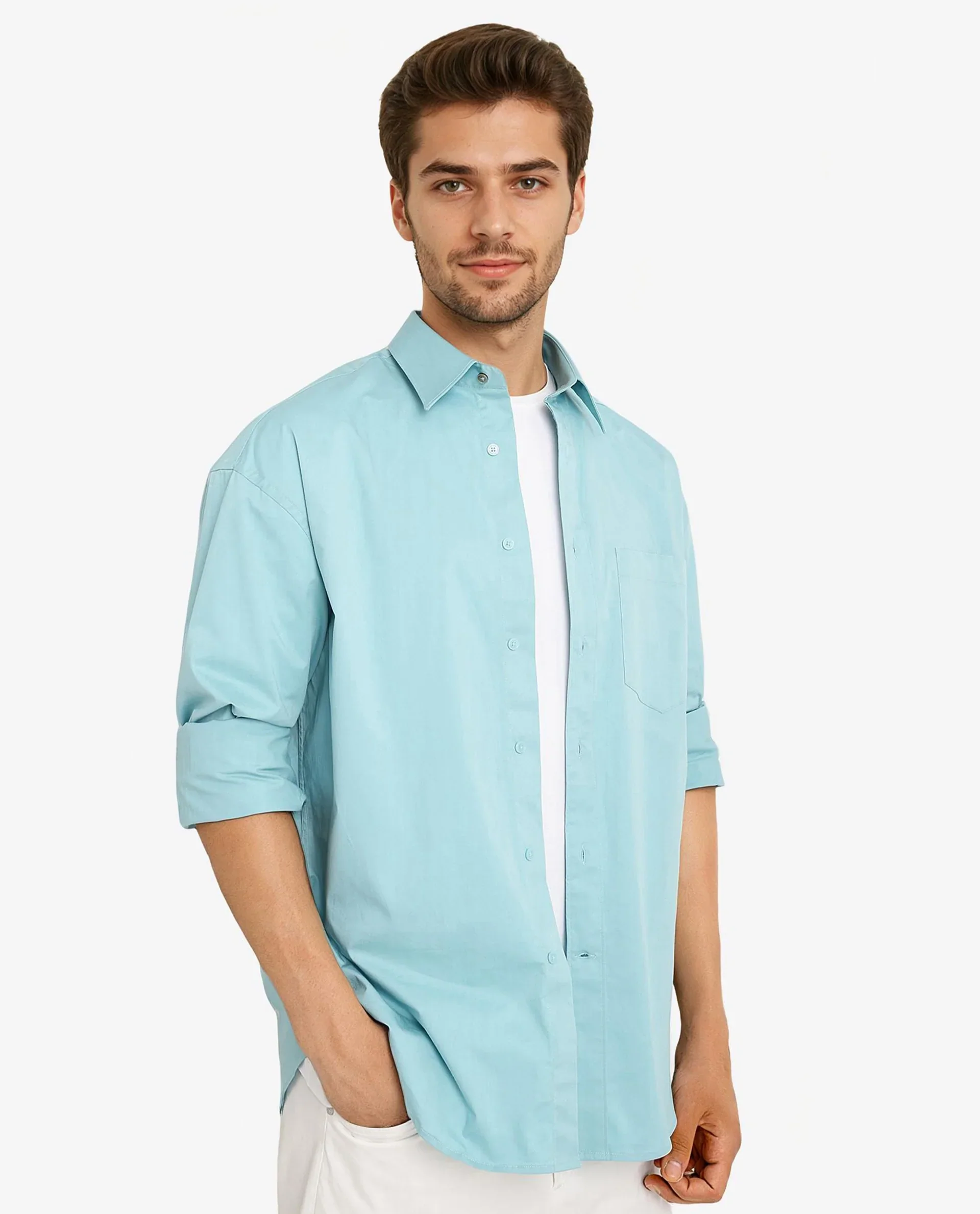 Rare Rabbit Men's Crofty Pastel Blue Cotton Plain Boxy Fit Full Sleeve Collared Shirt - Image 6