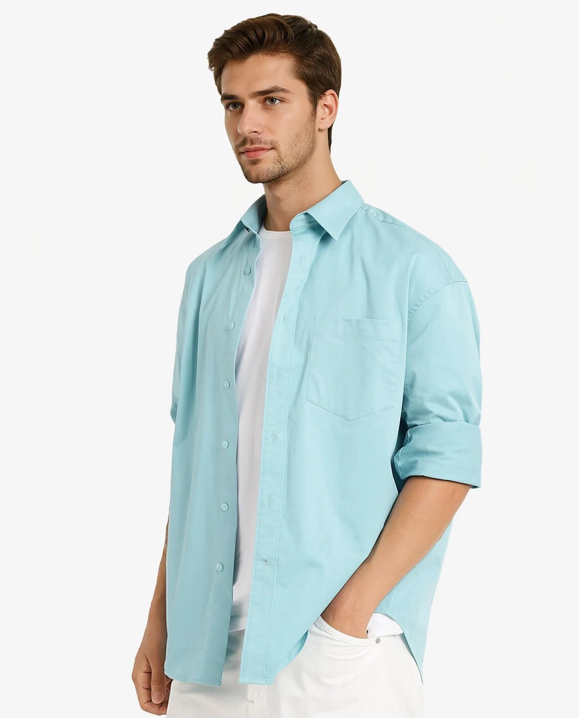 Rare Rabbit Men's Crofty Pastel Blue Cotton Plain Boxy Fit Full Sleeve Collared Shirt - Image 8