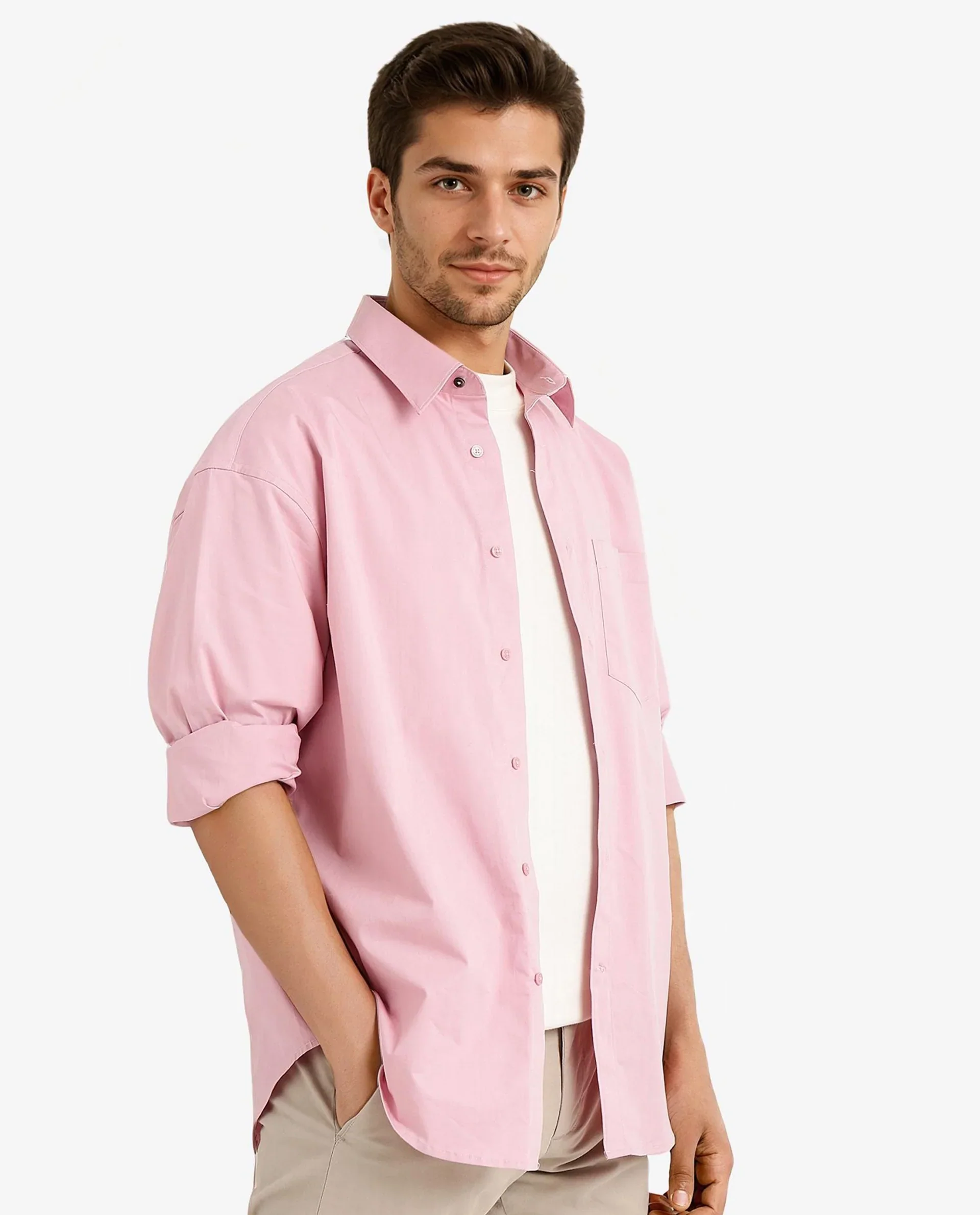 Rare Rabbit Men's Crofty Pastel Pink Cotton Plain Boxy Fit Full Sleeve Collared Shirt - Image 5