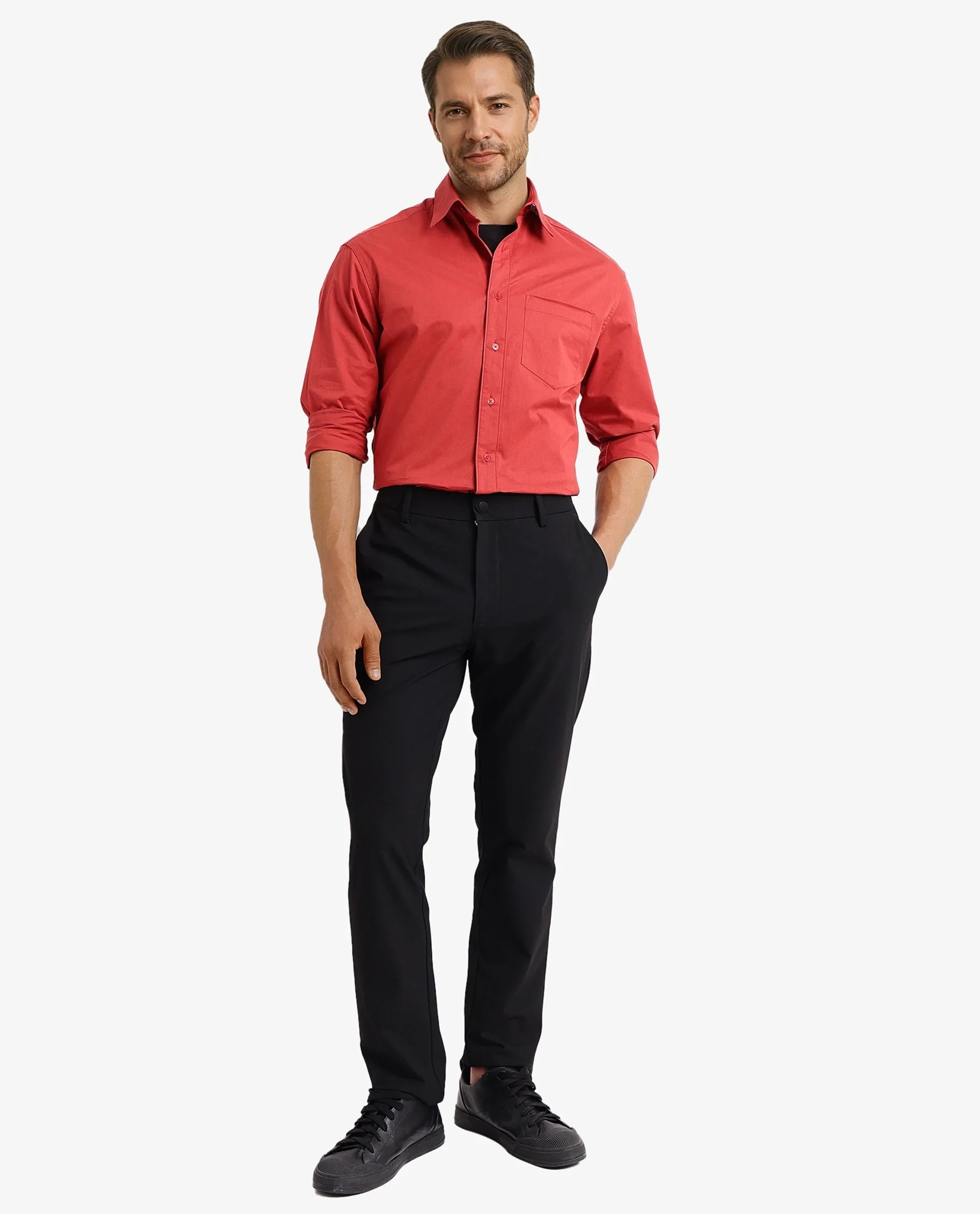Rare Rabbit Men's Crofty Red Cotton Plain Boxy Fit Full Sleeve Collared Shirt - Image 2