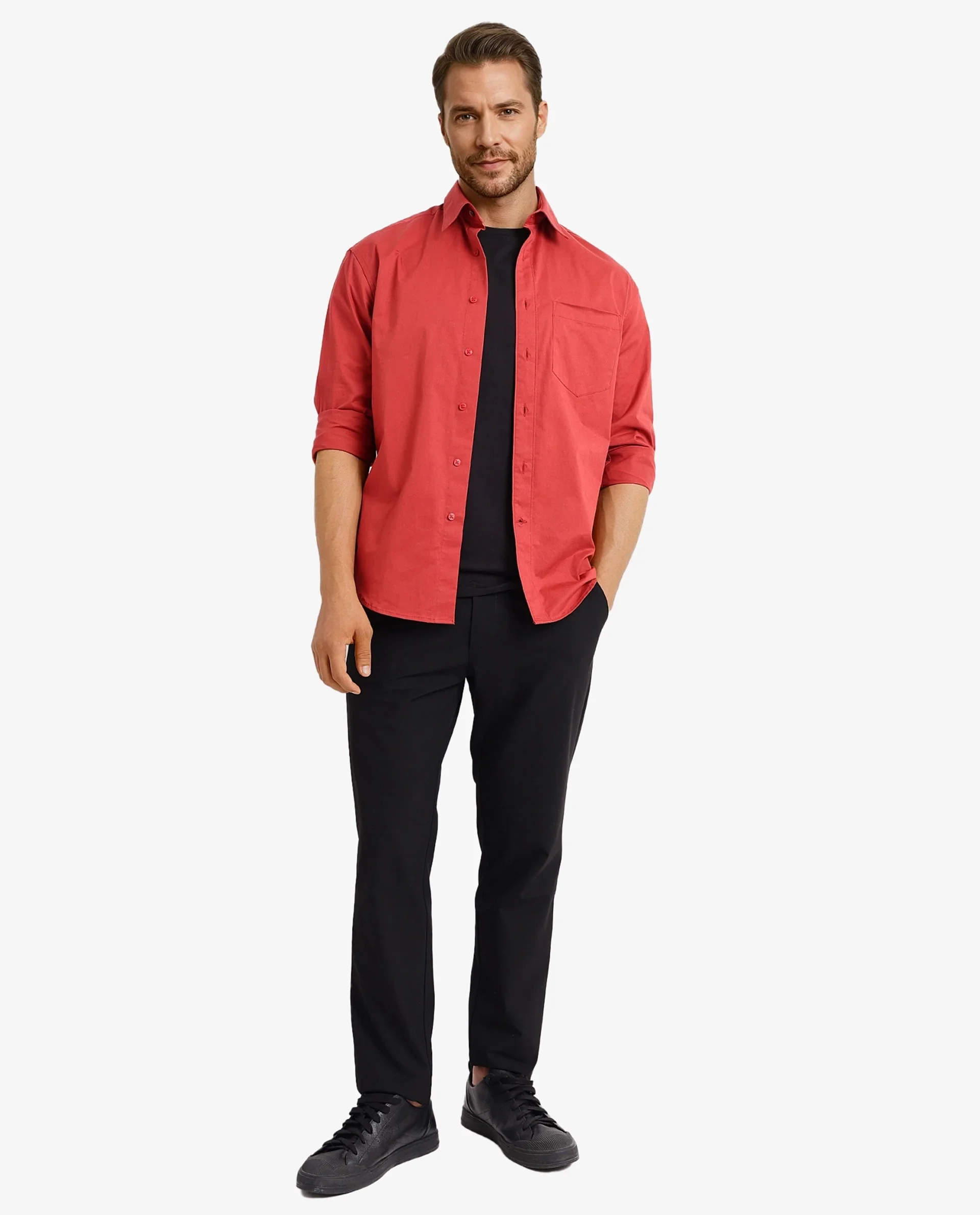 Rare Rabbit Men's Crofty Red Cotton Plain Boxy Fit Full Sleeve Collared Shirt - Image 6