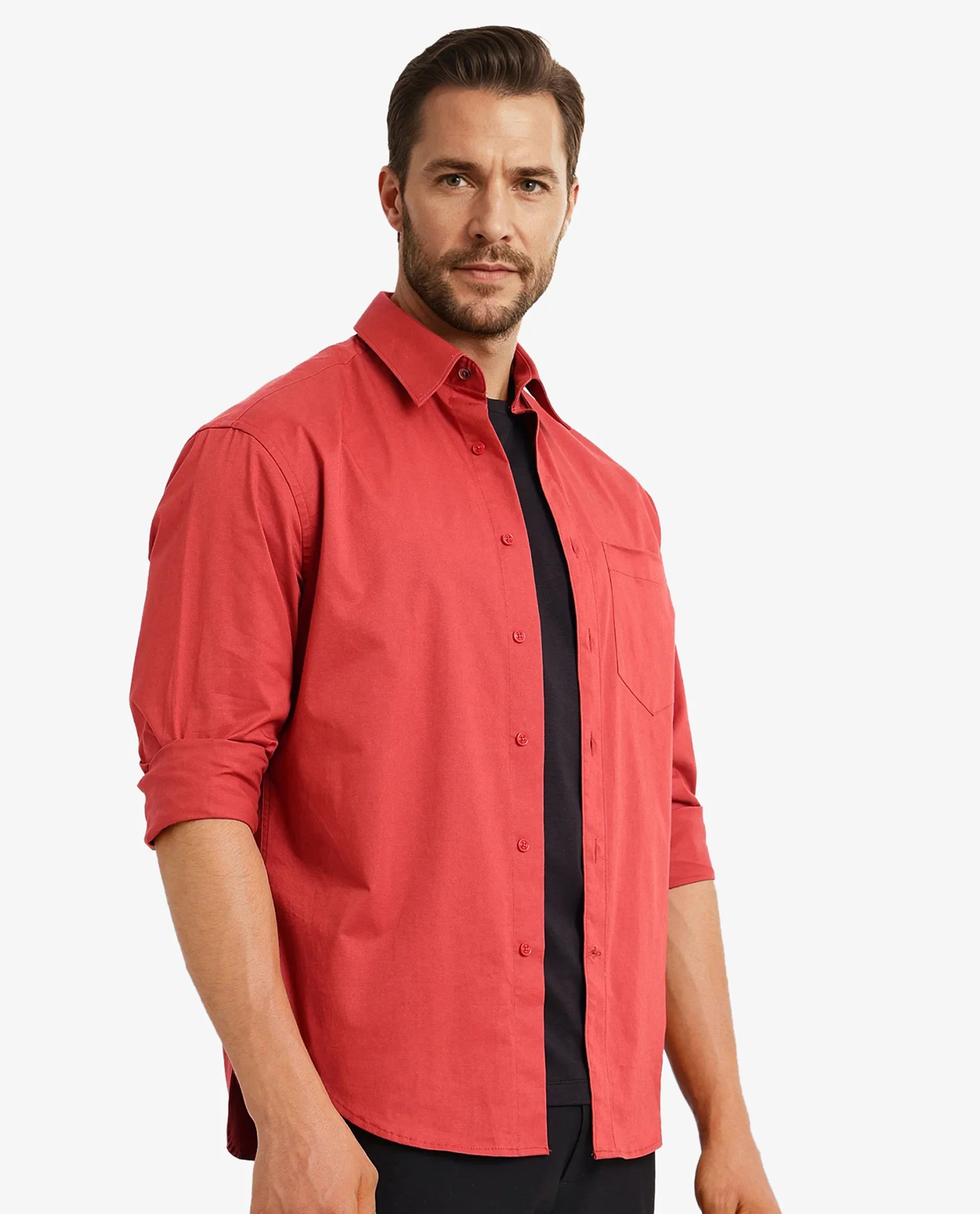 Rare Rabbit Men's Crofty Red Cotton Plain Boxy Fit Full Sleeve Collared Shirt - Image 7