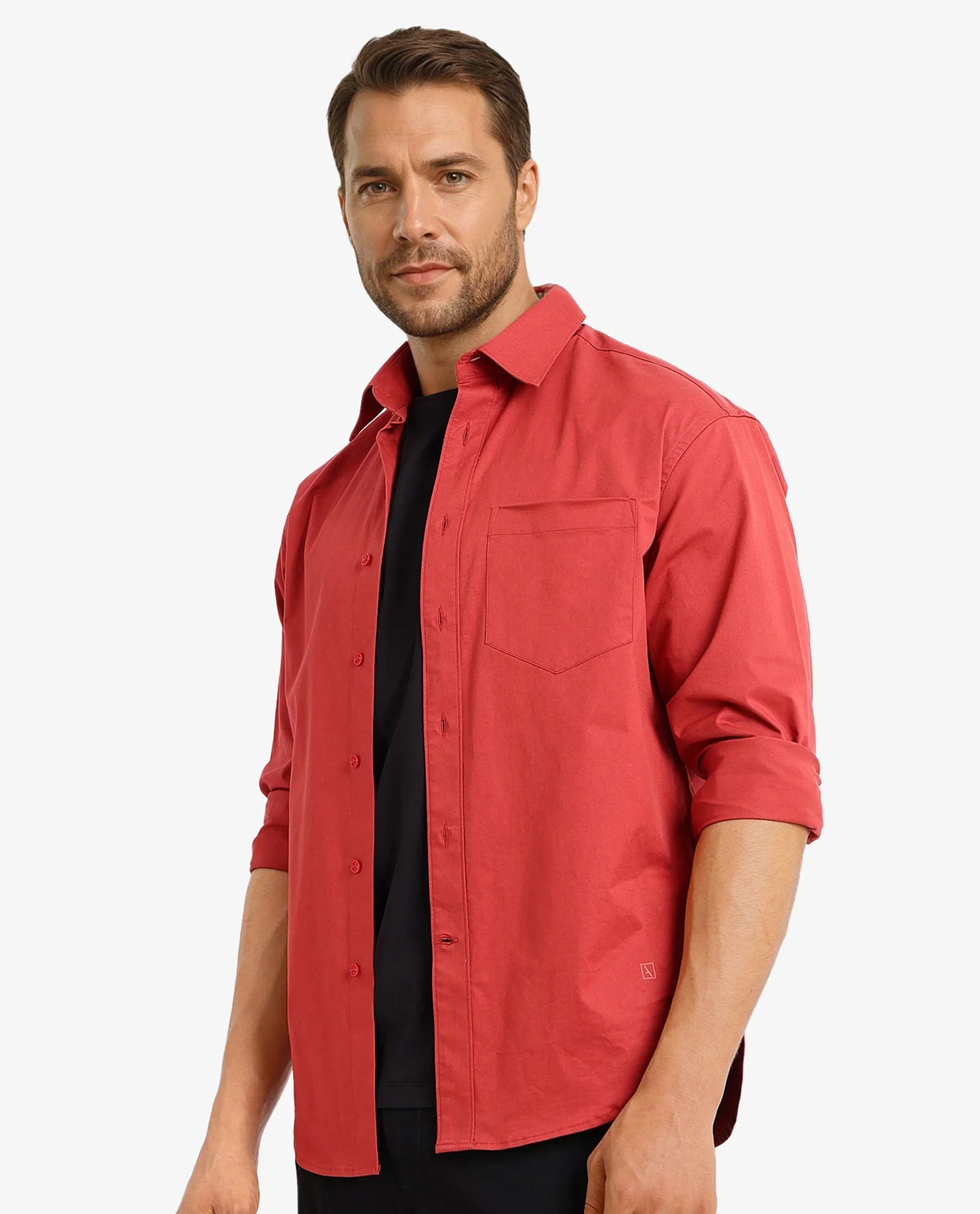 Rare Rabbit Men's Crofty Red Cotton Plain Boxy Fit Full Sleeve Collared Shirt - Image 8