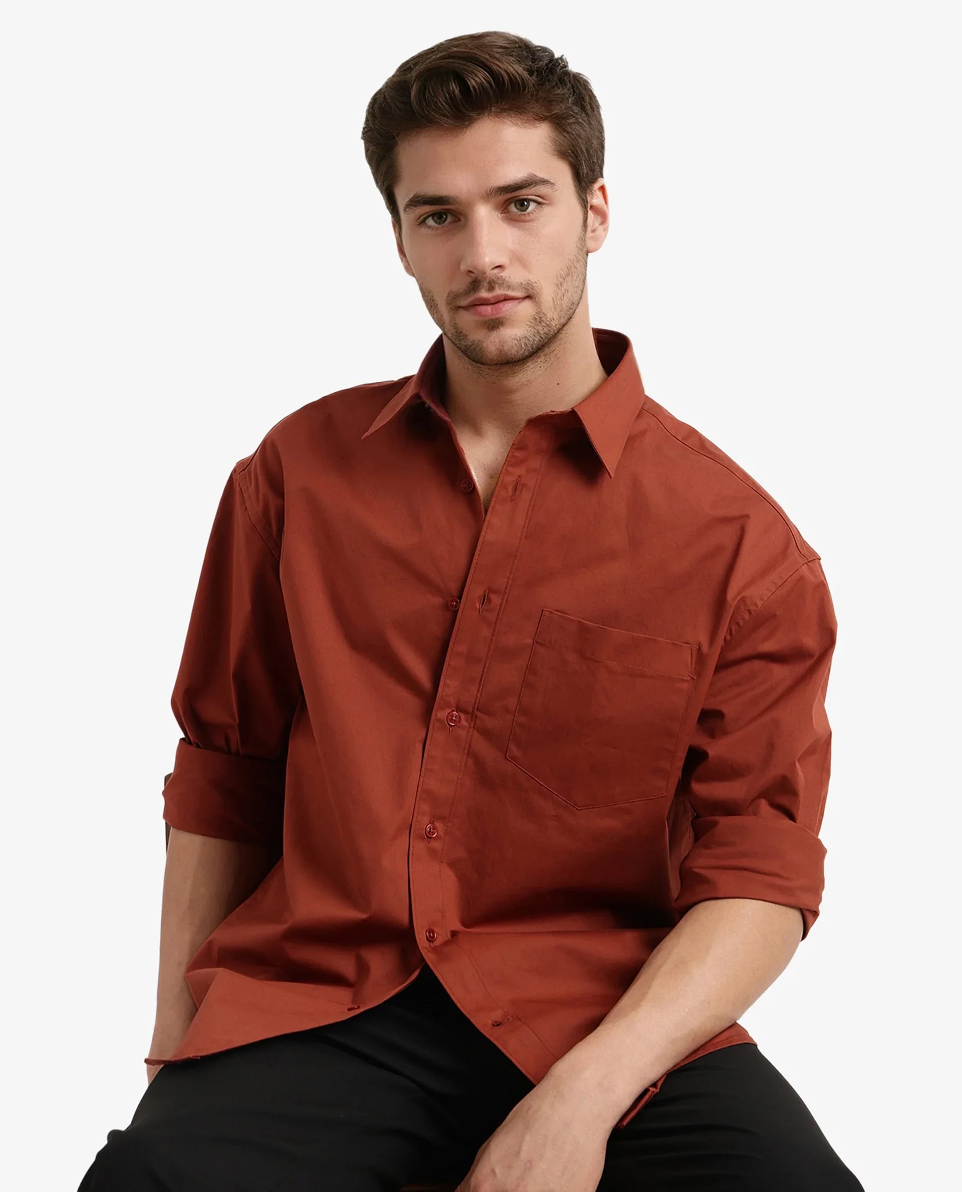 Rare Rabbit Men's Crofty Rust Cotton Plain Boxy Fit Full Sleeve Collared Shirt - Image 5