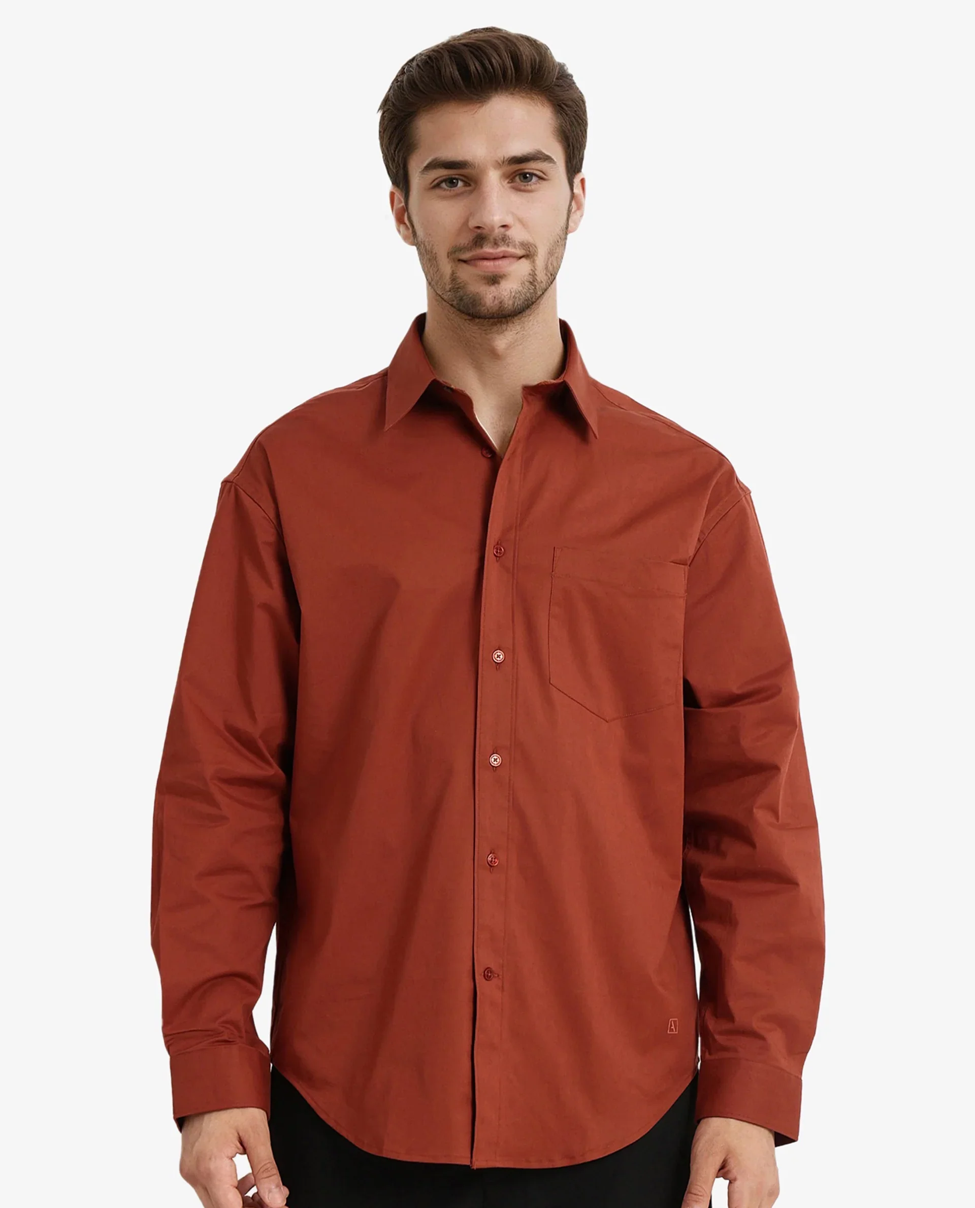 Rare Rabbit Men's Crofty Rust Cotton Plain Boxy Fit Full Sleeve Collared Shirt - Image 6