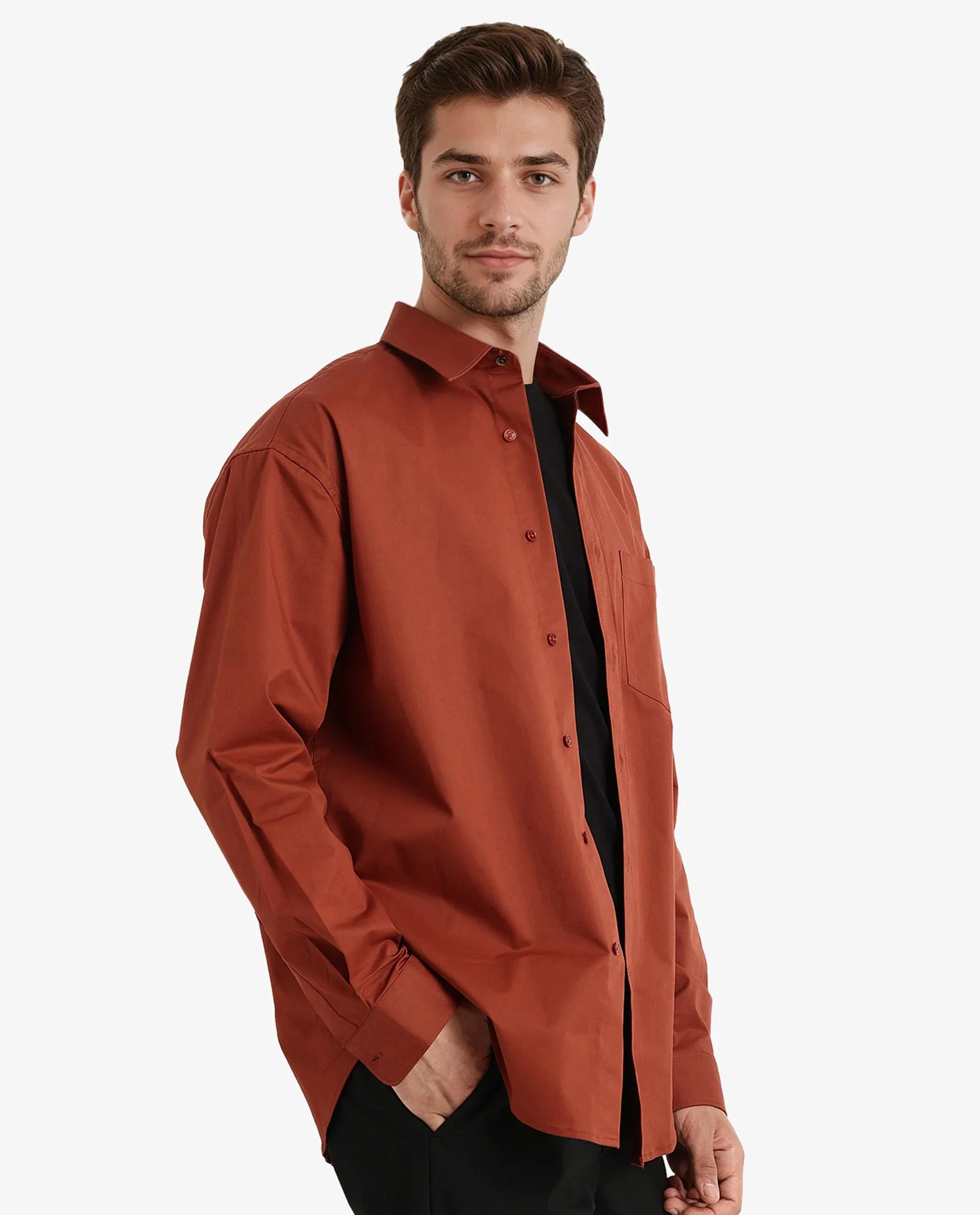 Rare Rabbit Men's Crofty Rust Cotton Plain Boxy Fit Full Sleeve Collared Shirt - Image 7