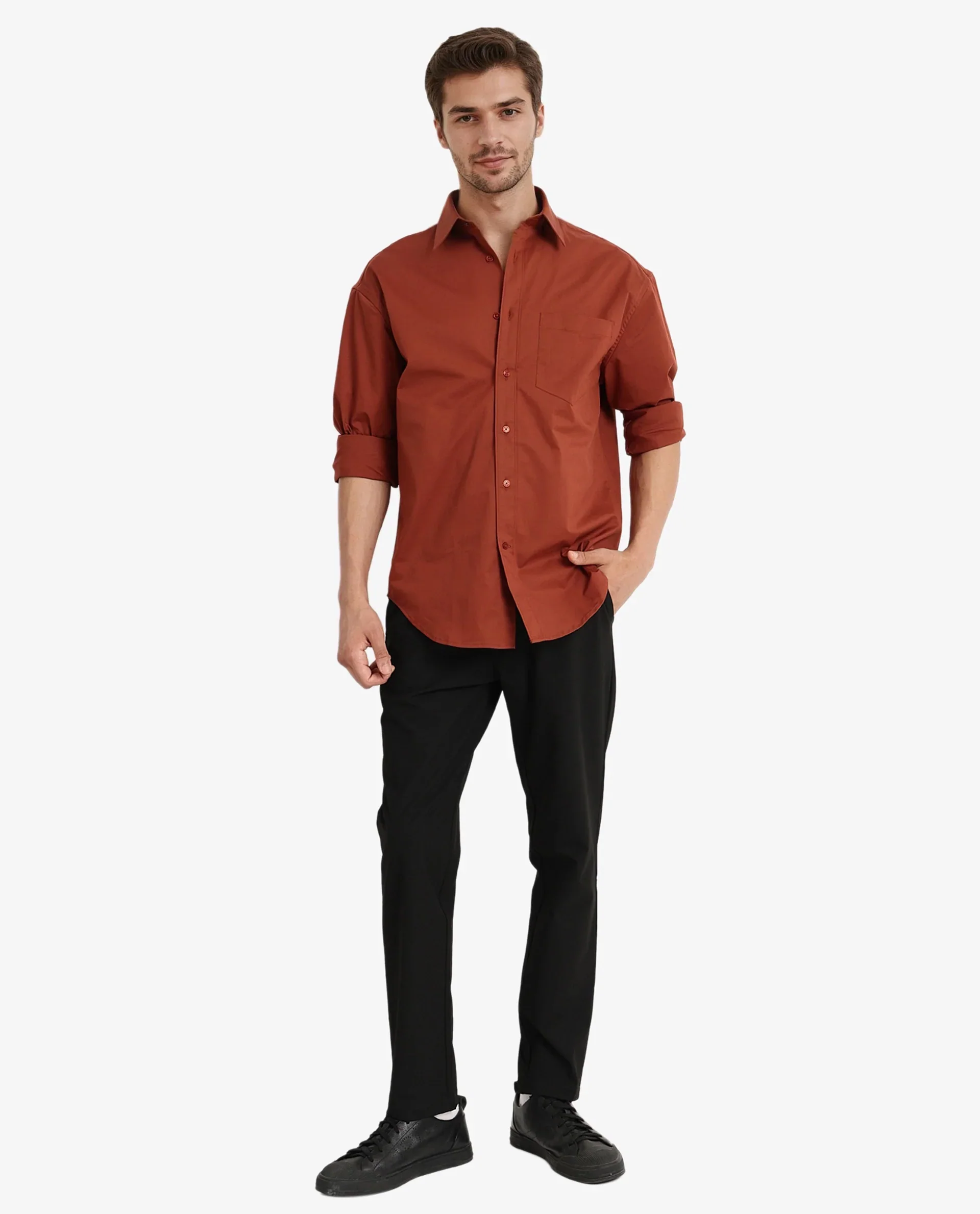 Rare Rabbit Men's Crofty Rust Cotton Plain Boxy Fit Full Sleeve Collared Shirt - Image 8