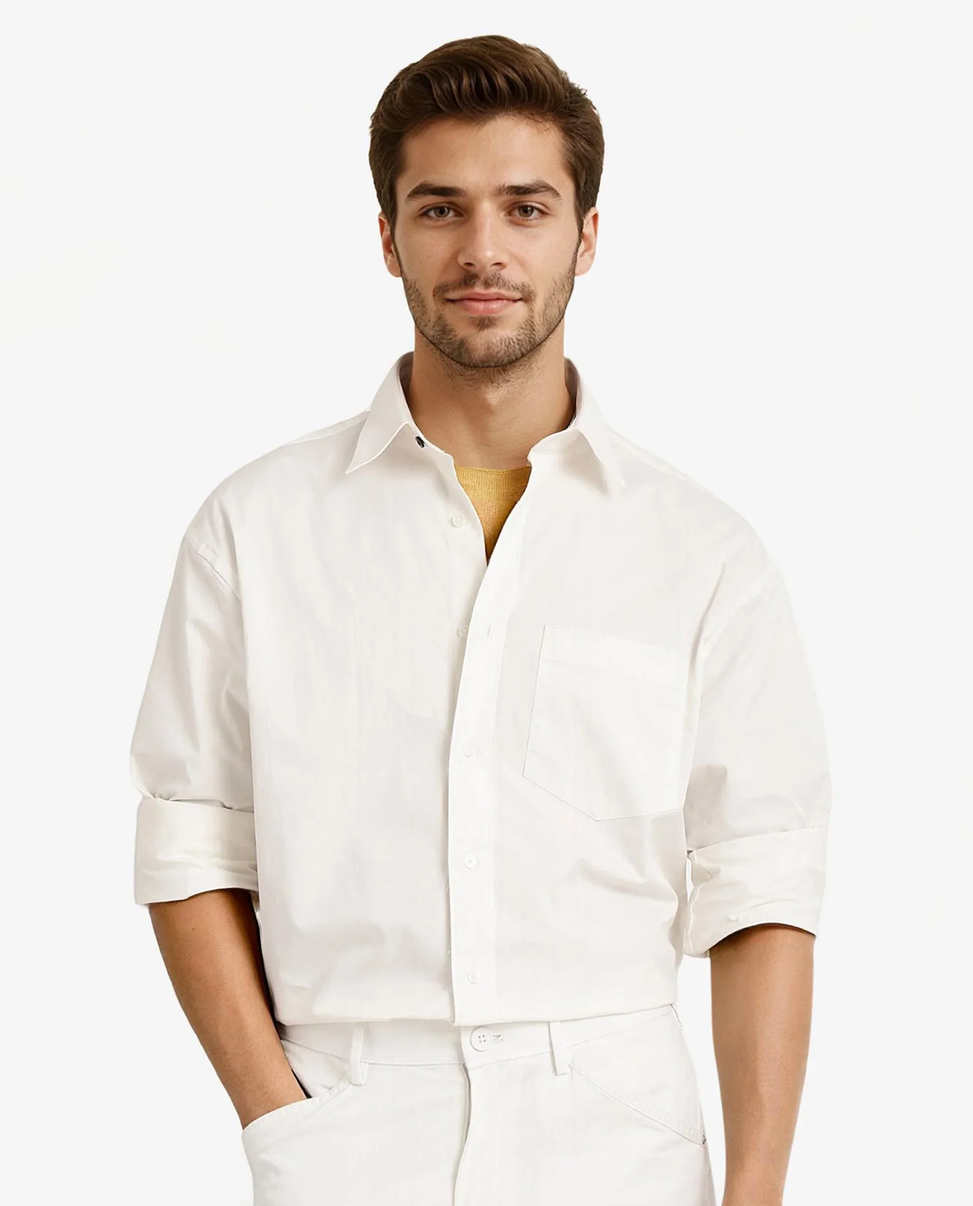 Rare Rabbit Men's Crofty White Cotton Plain Boxy Fit Full Sleeve Collared Shirt - Image 5