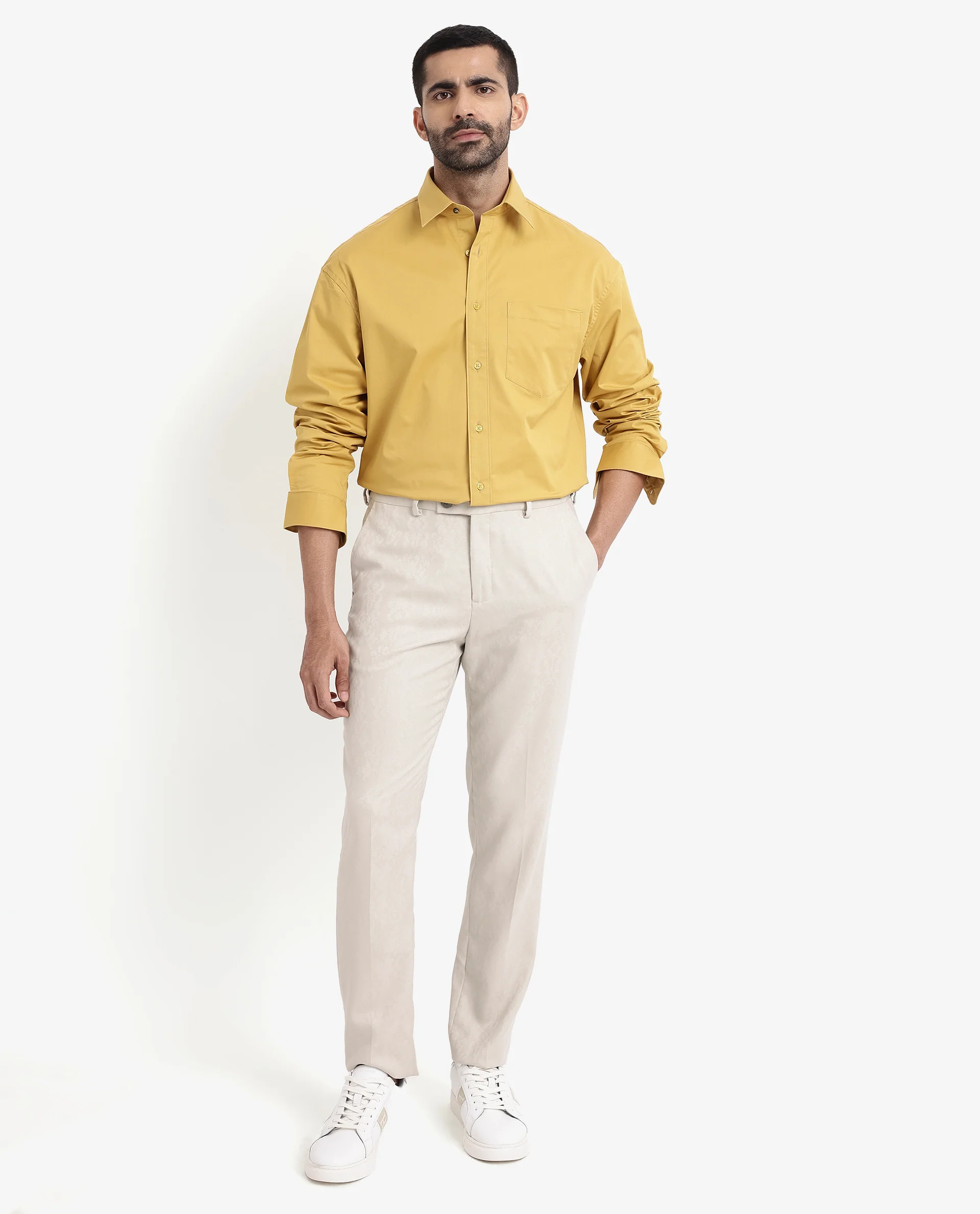 Rare Rabbit Men's Crofty Yellow Cotton Plain Boxy Fit Full Sleeve Collared Shirt - Image 2
