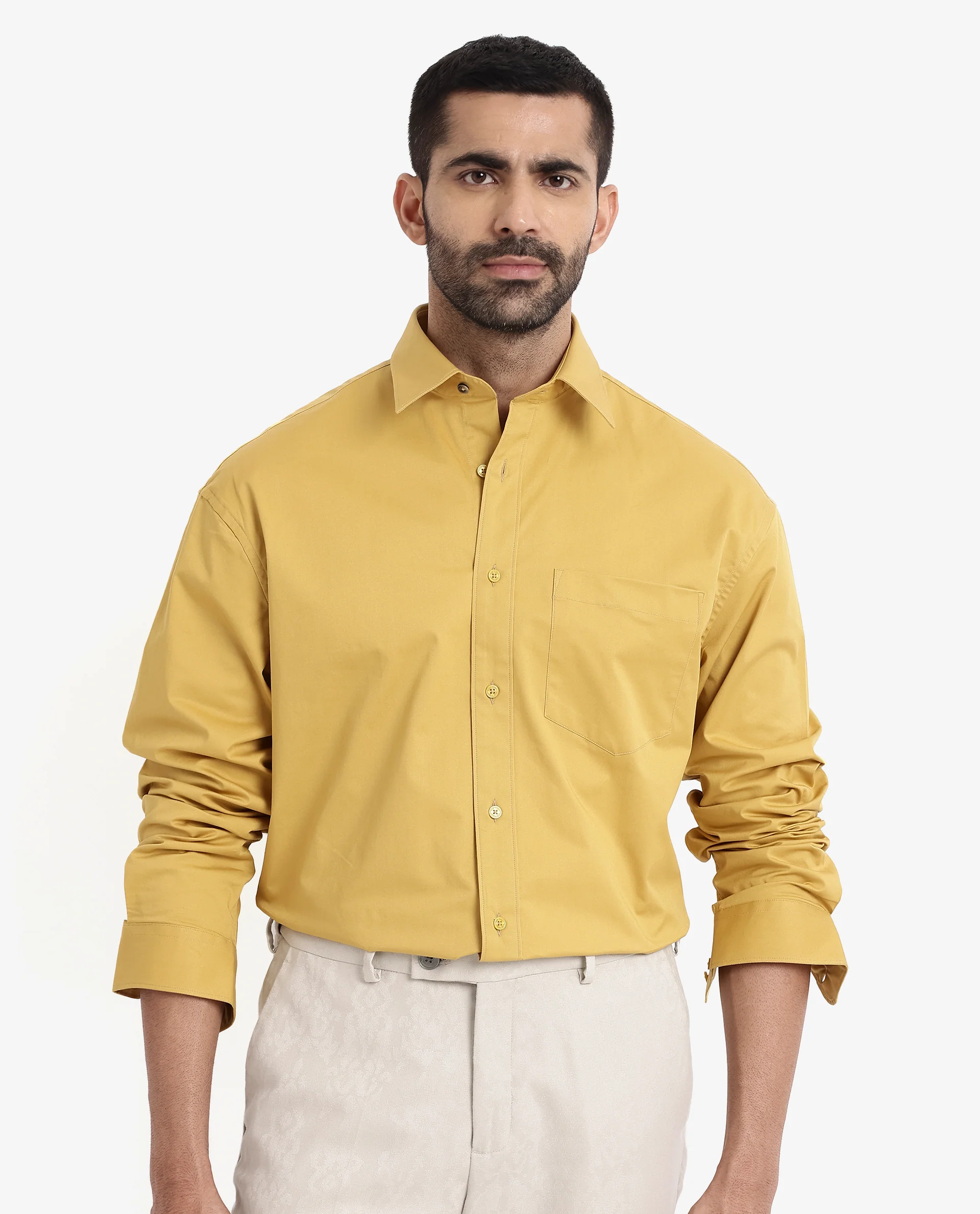 Rare Rabbit Men's Crofty Yellow Cotton Plain Boxy Fit Full Sleeve Collared Shirt - Image 3