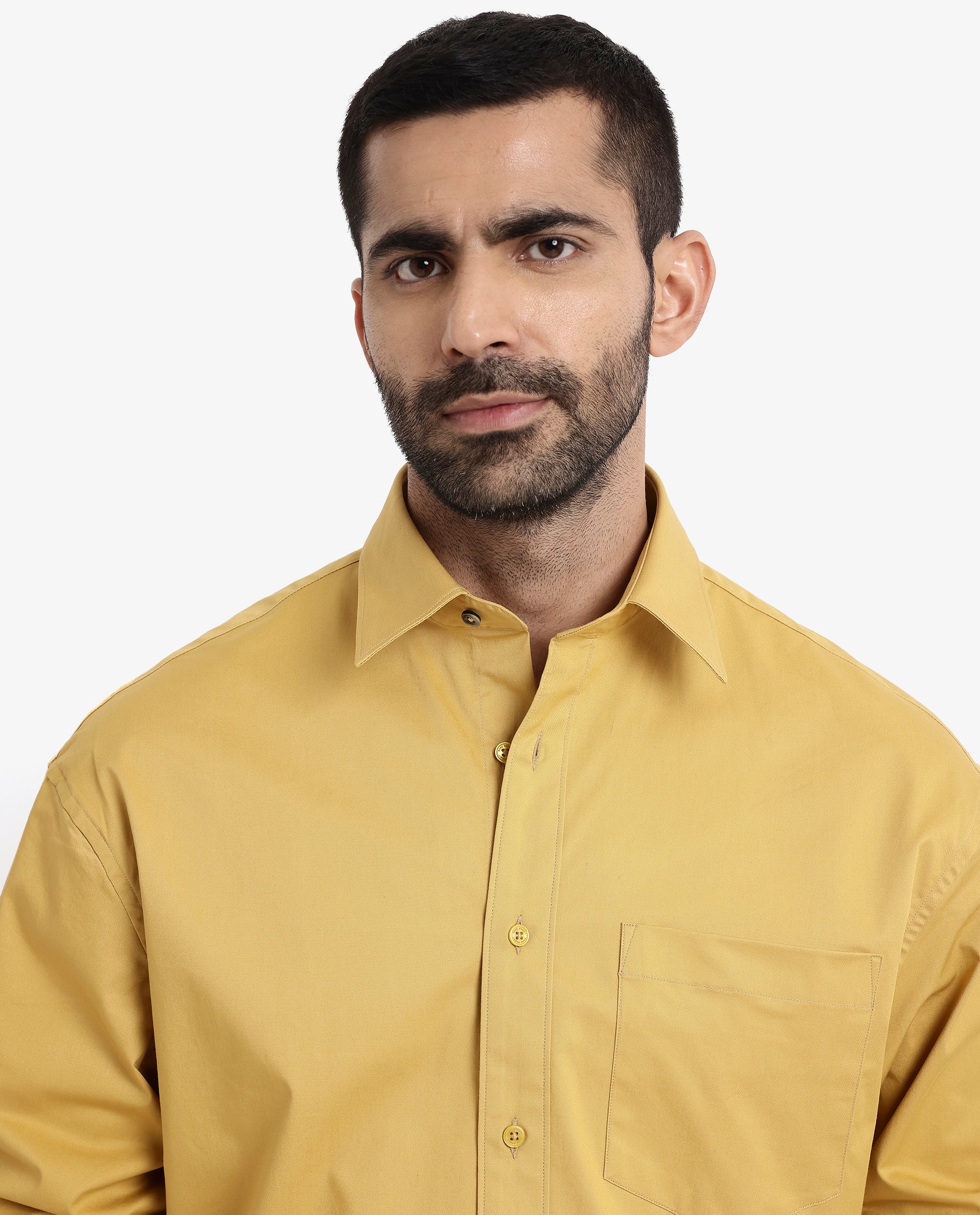 Rare Rabbit Men's Crofty Yellow Cotton Plain Boxy Fit Full Sleeve Collared Shirt - Image 4